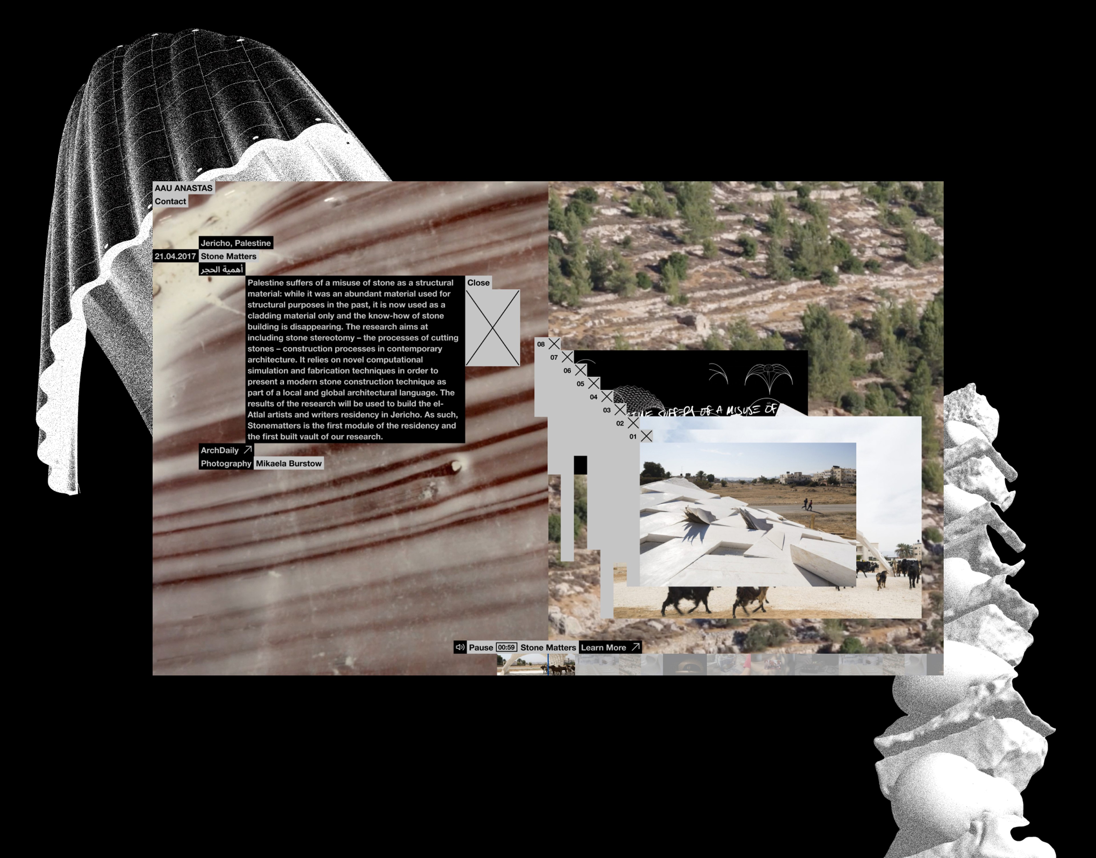 Image showing screenshot of AAU Anastas website with their architectural illustrations in the background