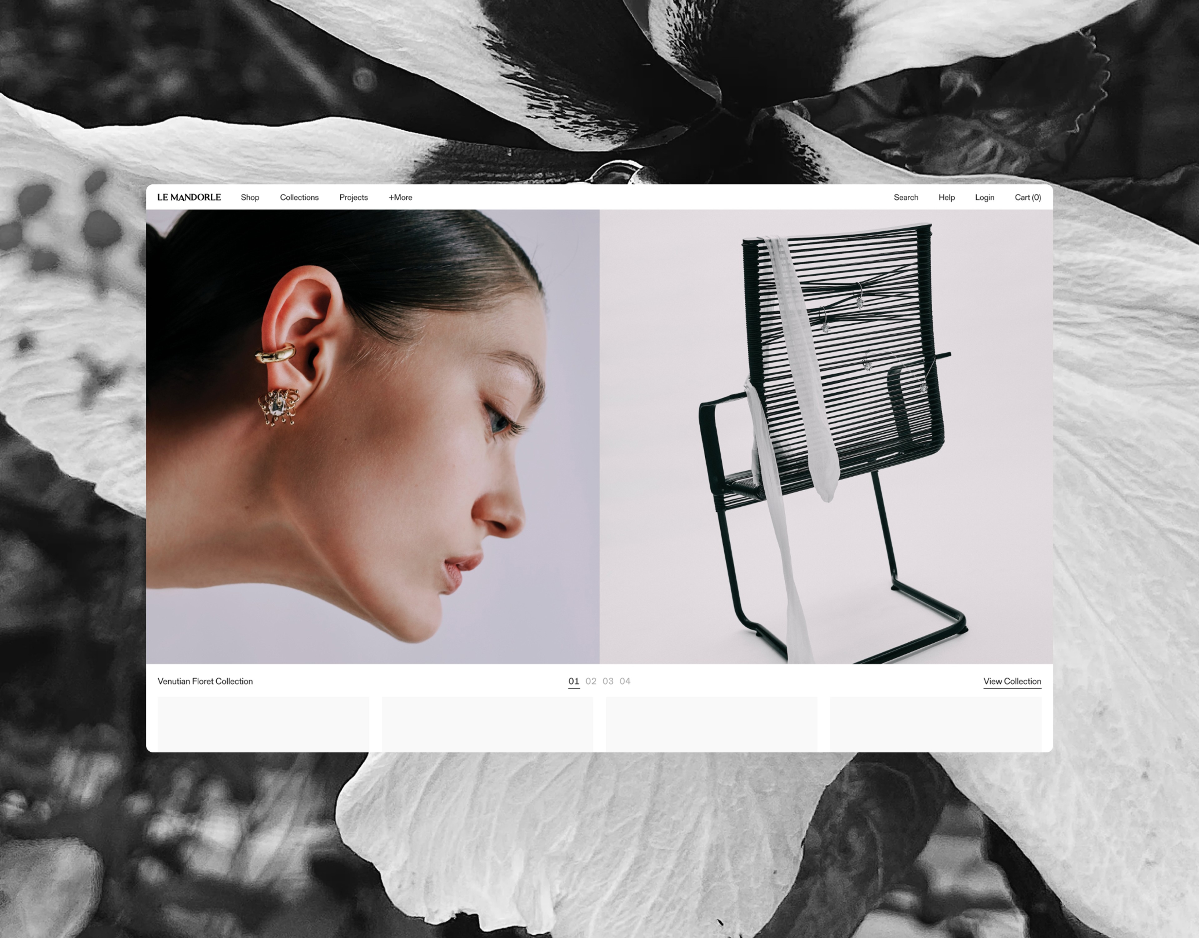 Screenshot of the Le Mandorle homepage layers over an image of a flower