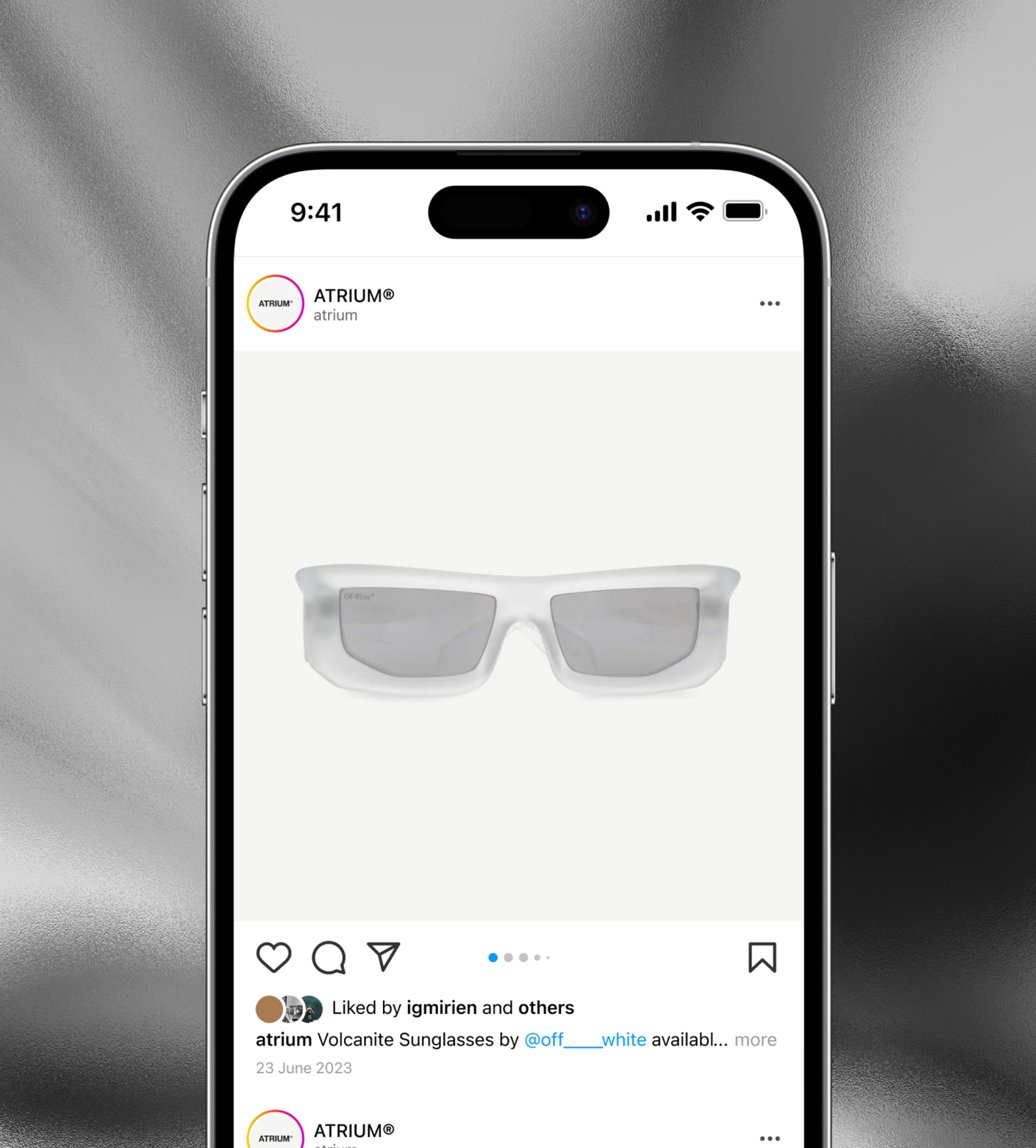 Image of the Atrium instagram account showing an instagram post about a pair of Off White glasses.