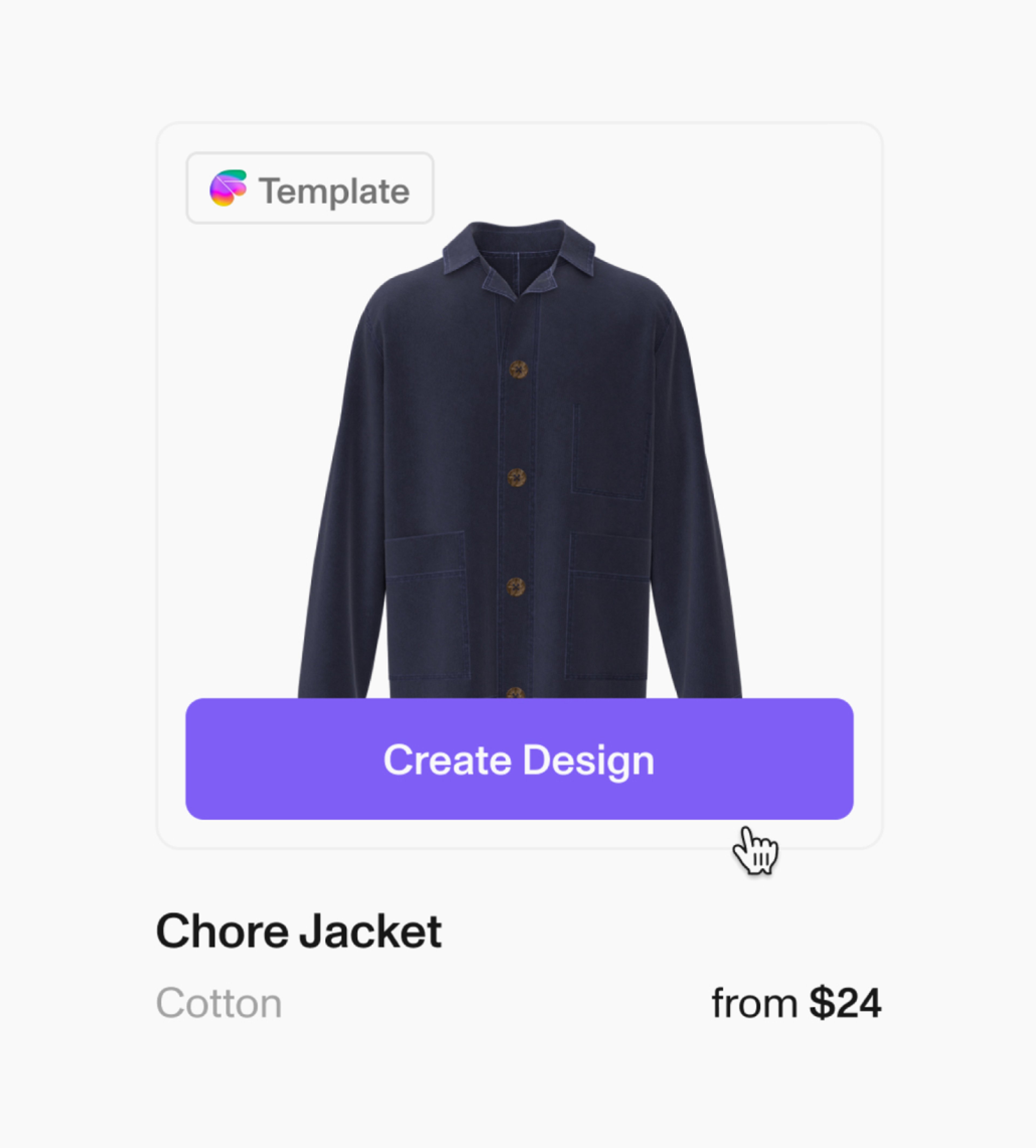 Screenshot of a product template module from the Fabra Web App. The user is hovering on the template which shows a "Create Design" button.