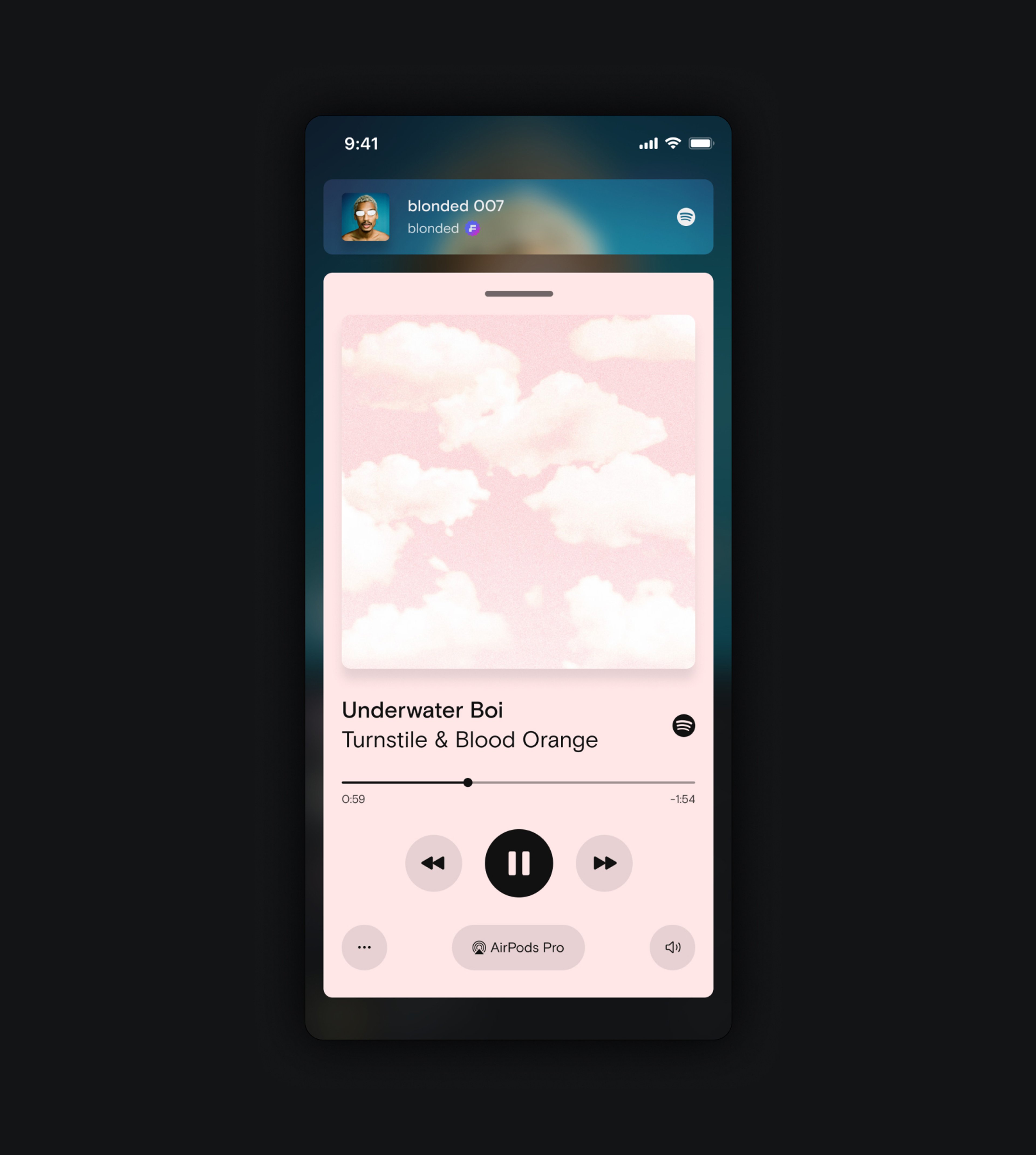 Screenshot of the music player showing "Underwater Boi" by Turnstile & Blood Orange