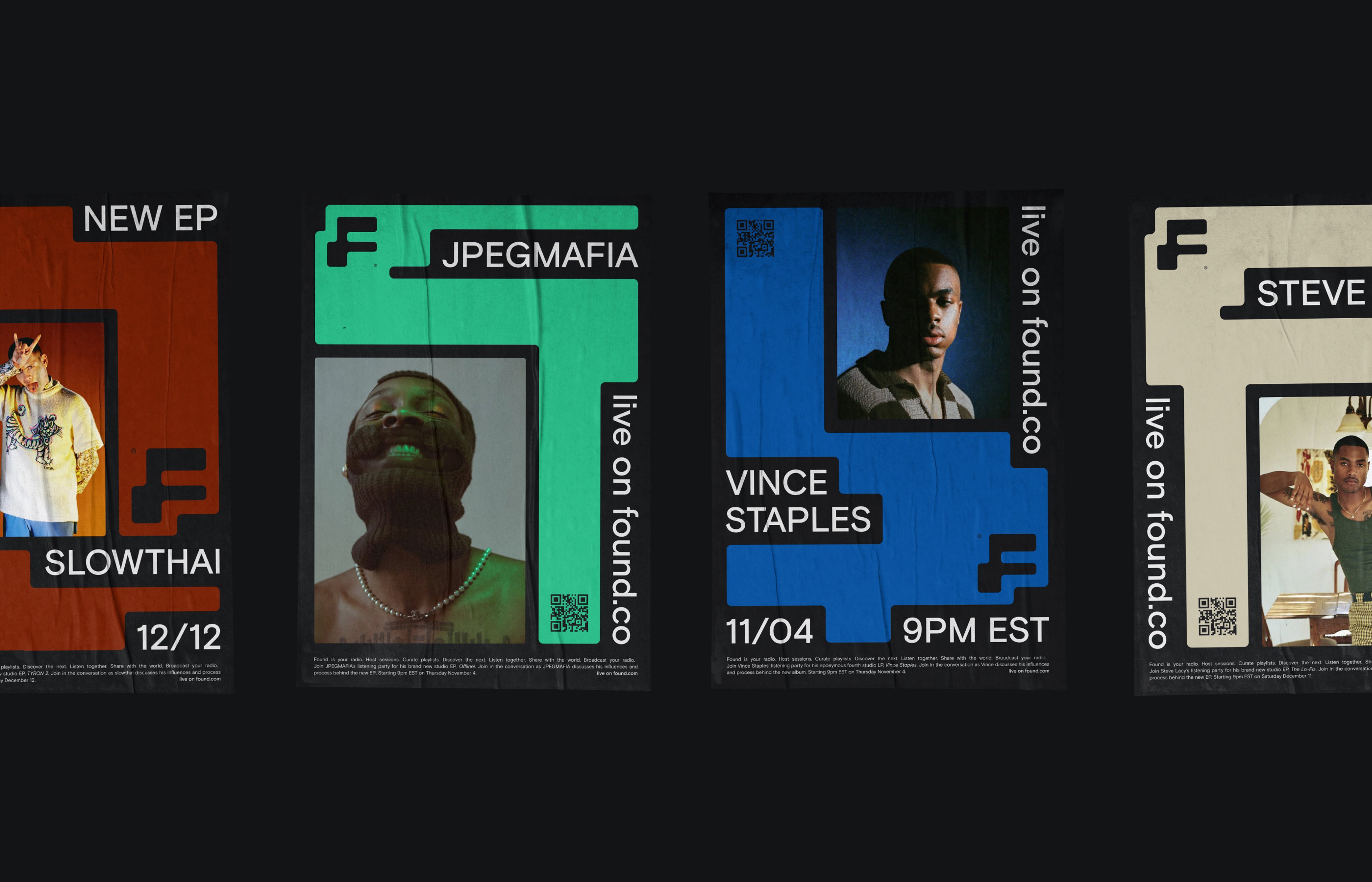 Image of various brand posters showing upcoming live events by Slowthai, JPEGMAFIA, Vince Staples, and Steve Lacy