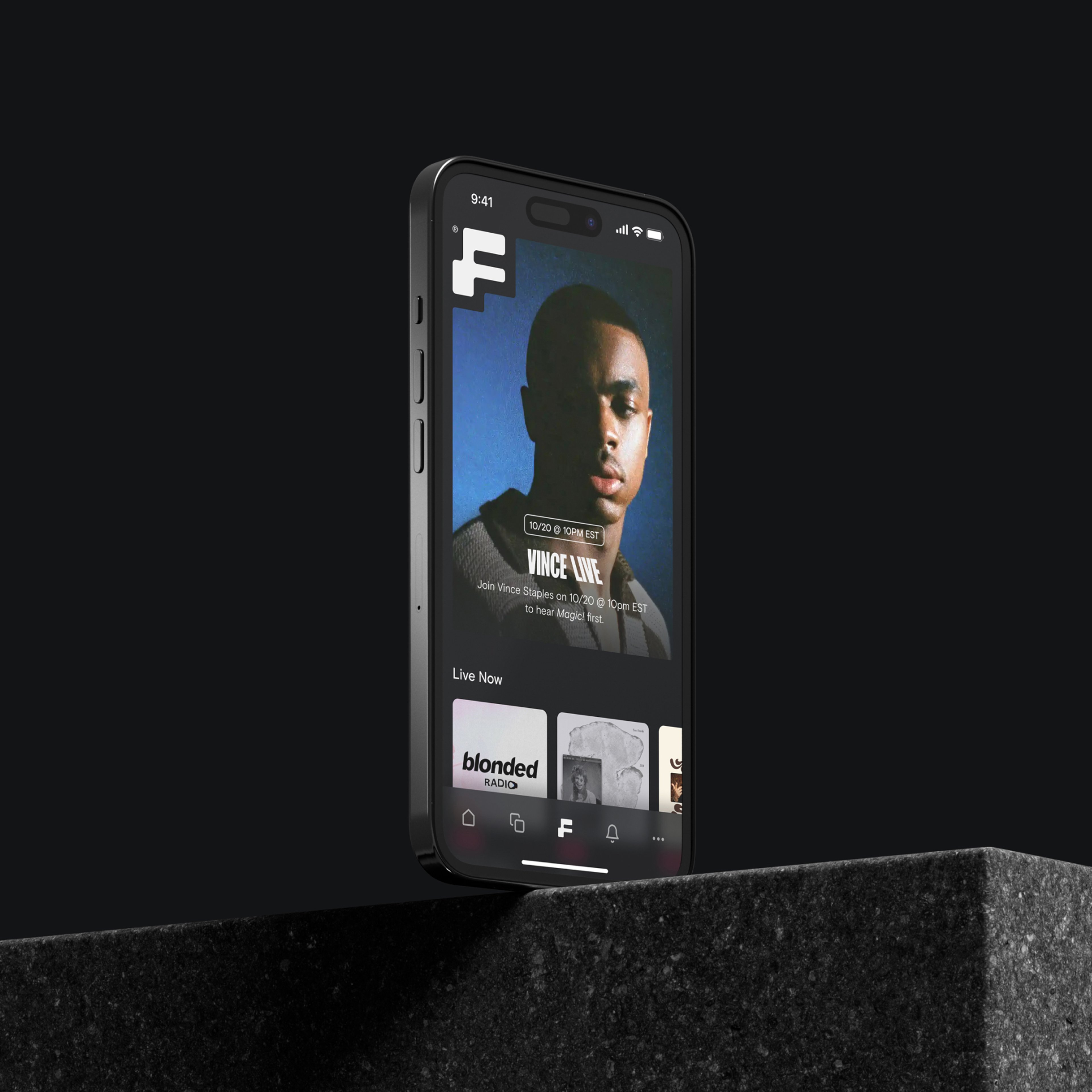 Image of an iPhone on a concrete block showing the Found music streaming app
