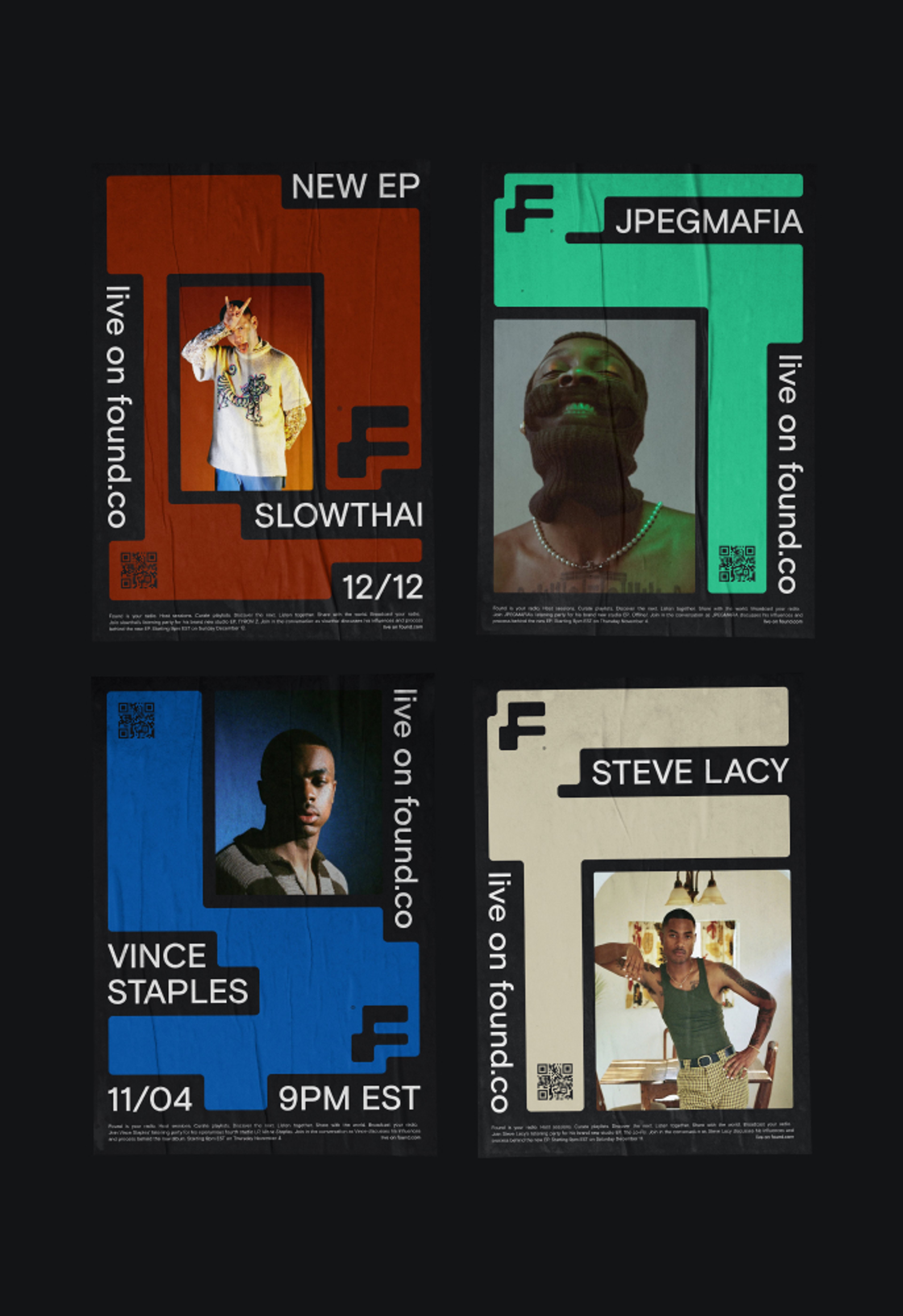 Image of various brand posters showing upcoming live events by Slowthai, JPEGMAFIA, Vince Staples, and Steve Lacy