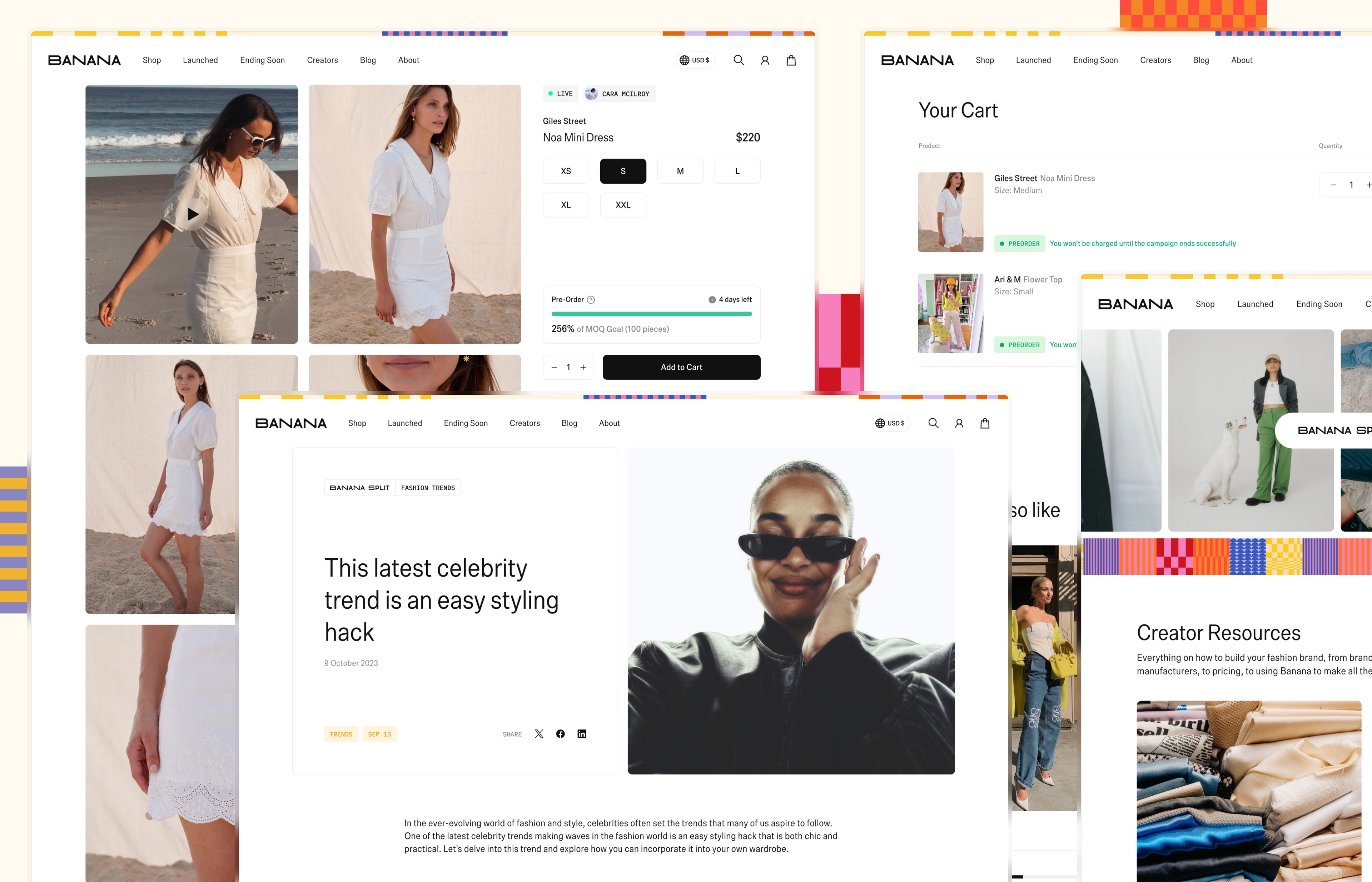 Image of various screenshots of different pages from the Banana site including a blog article, product description page, cart, and blog homepage