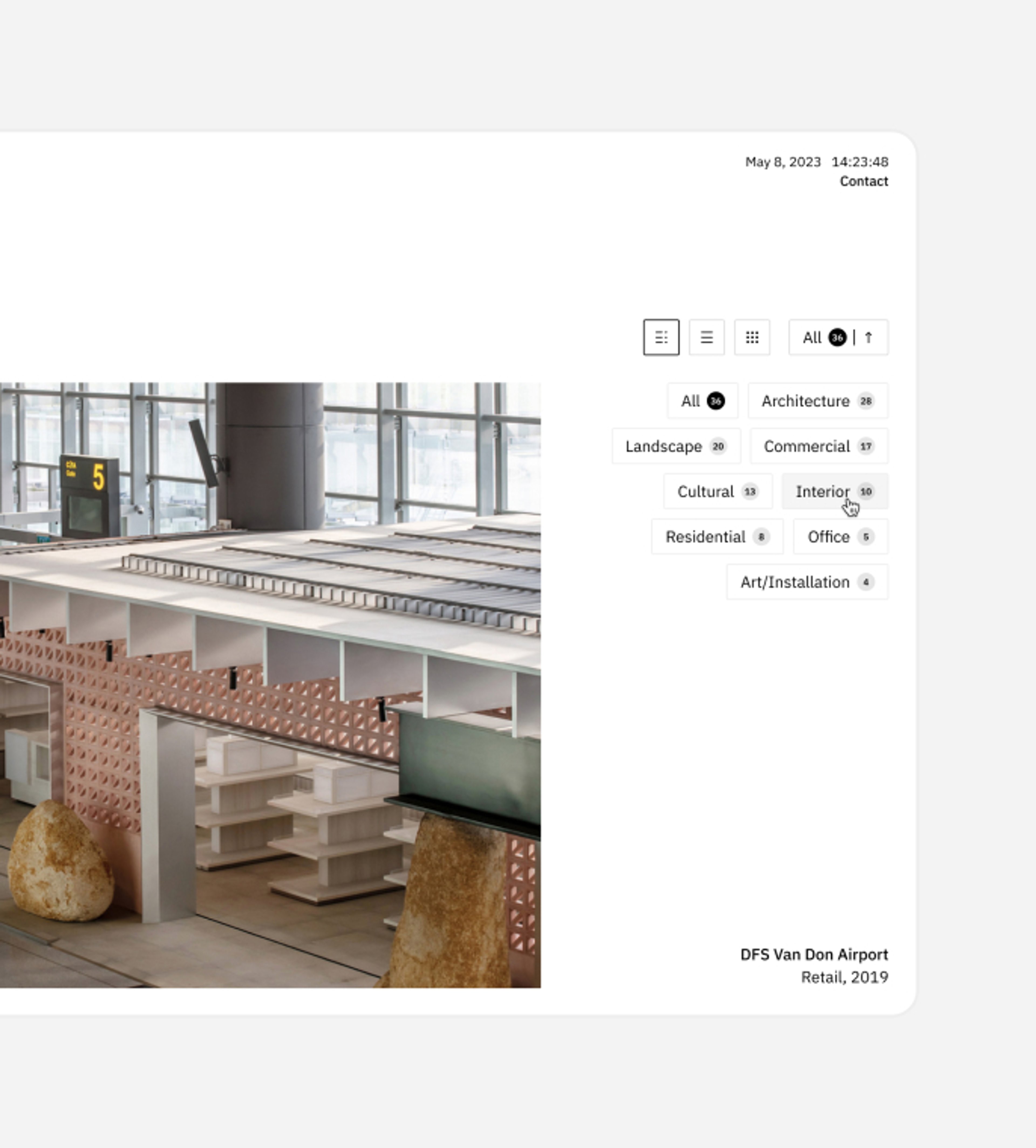 Screenshot of the filtering functionality on the NOW homepage being used to filter the categories of their work