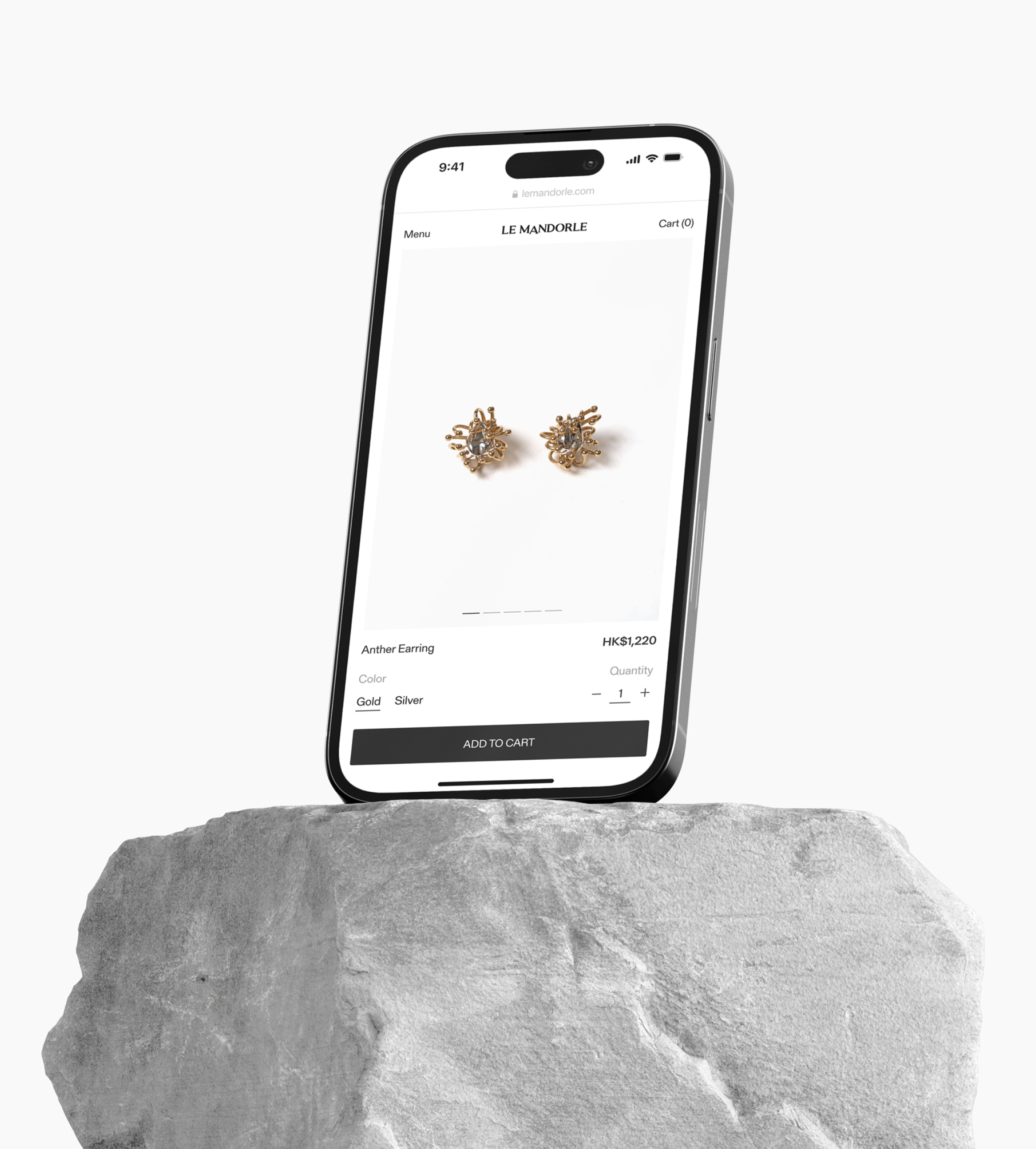 Image of a iPhone balancing on a stone showing the product description page