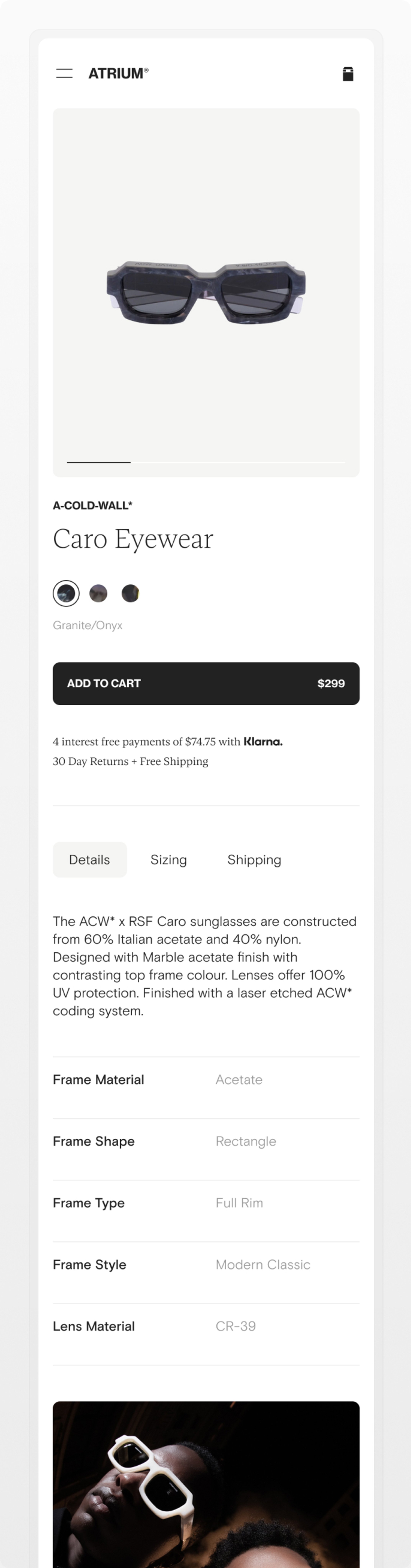 Image of the product description page on Atrium showing a pair of A-COLD-WALL* sunglasses