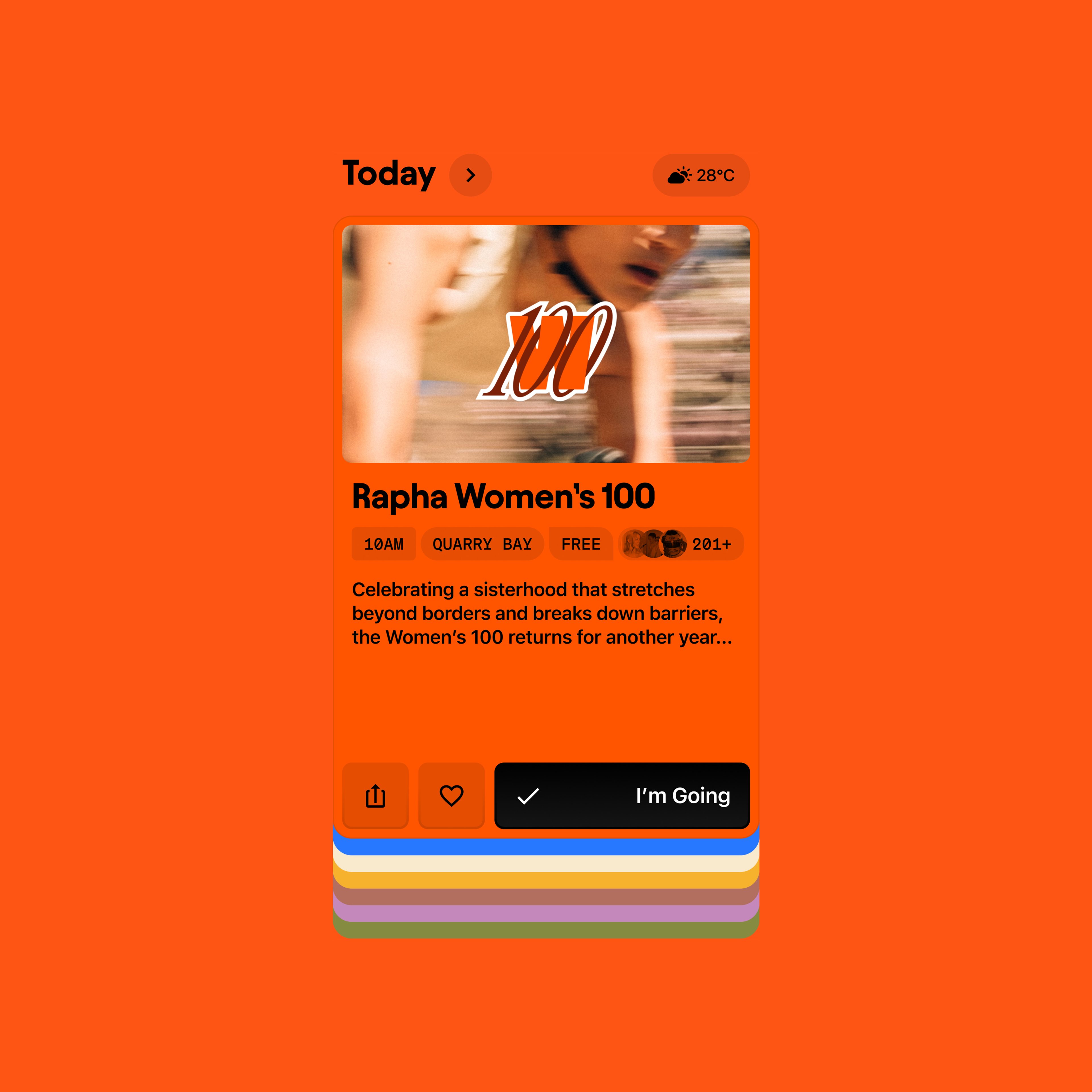 Main homepage module from the Today app showing the latest event "Rapha Women's 100"