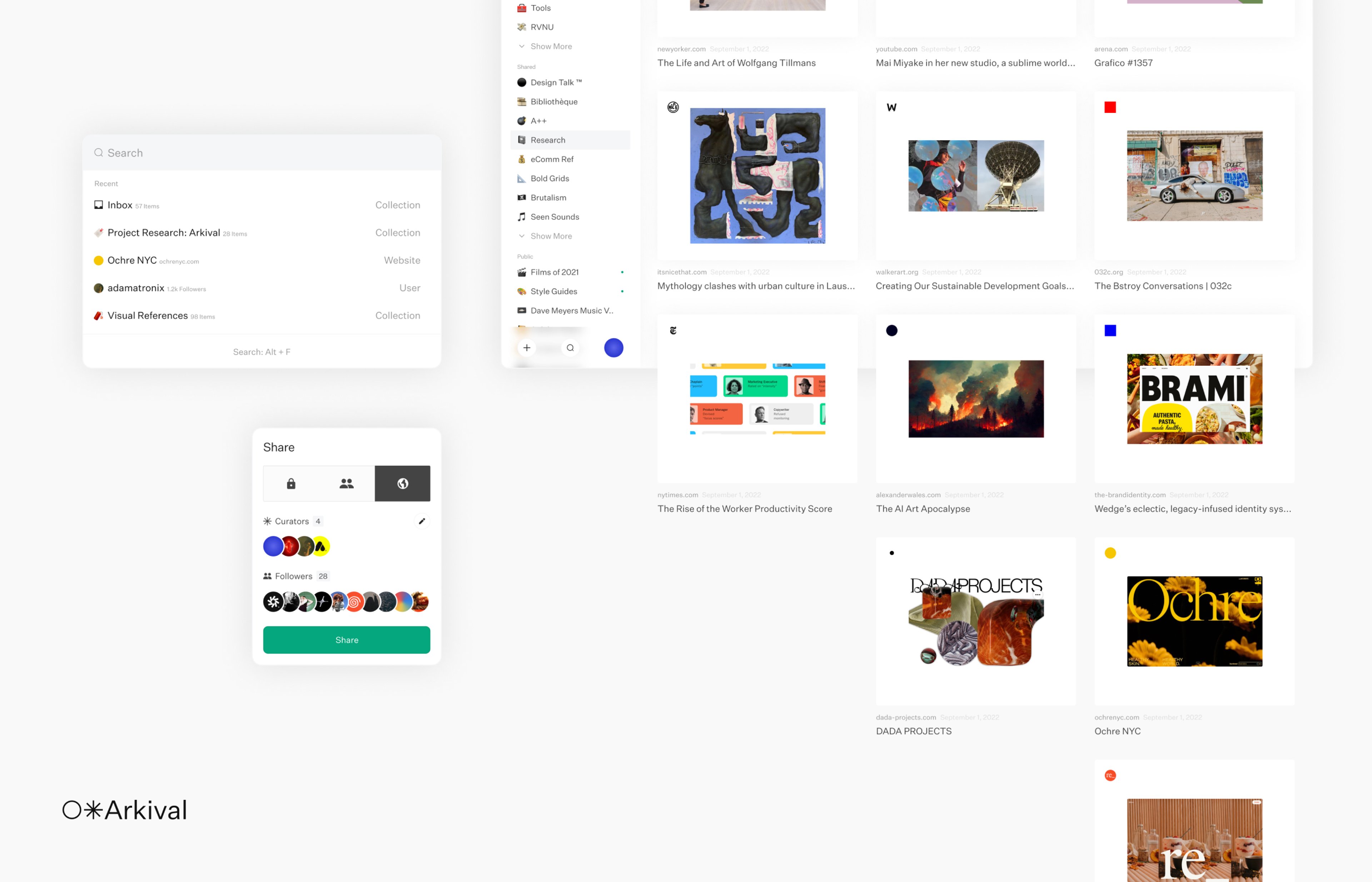 Image showing various modules from the Arkival web app