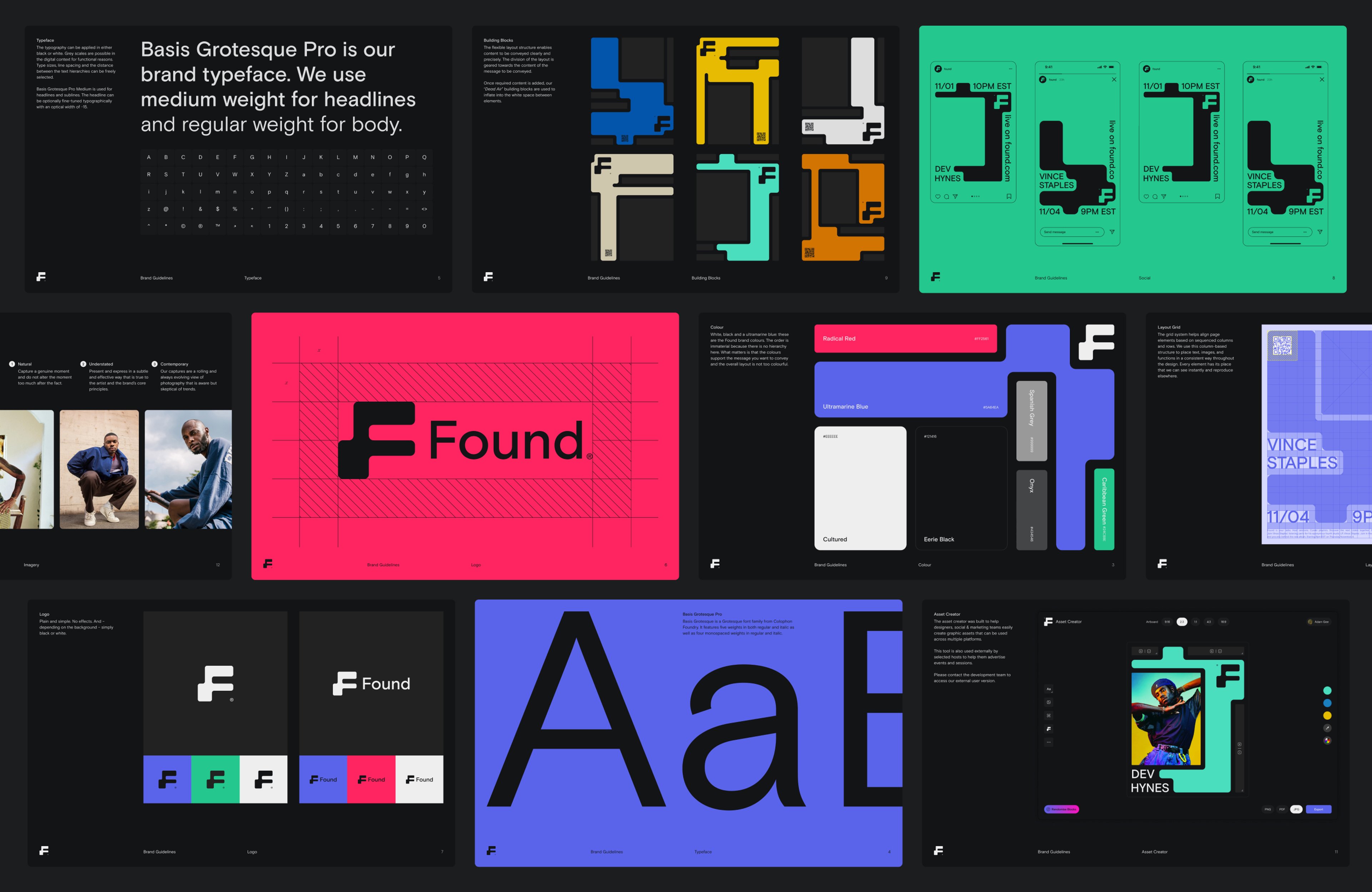 Various slides from the Found branding guidelines