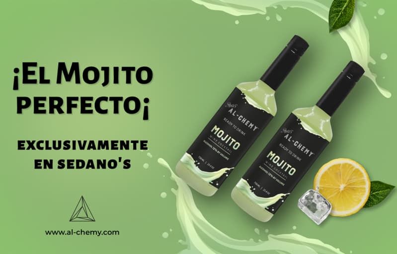 Advertisement for El Mojito Perfecto  that has two bottles and a lemon with a green theme