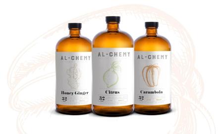 Al-chemy syrup bottles for Honey Ginger, Citrus, and Carambola