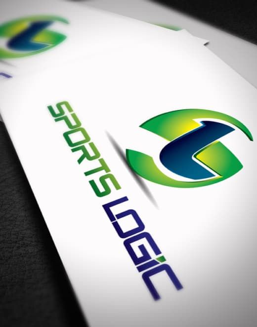 Sports Logic business cards showing logo and company name on white business card
