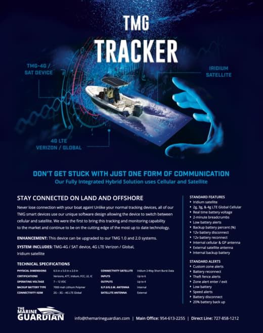 Brochure with hand around boat that is going through water that says TMG Tracker