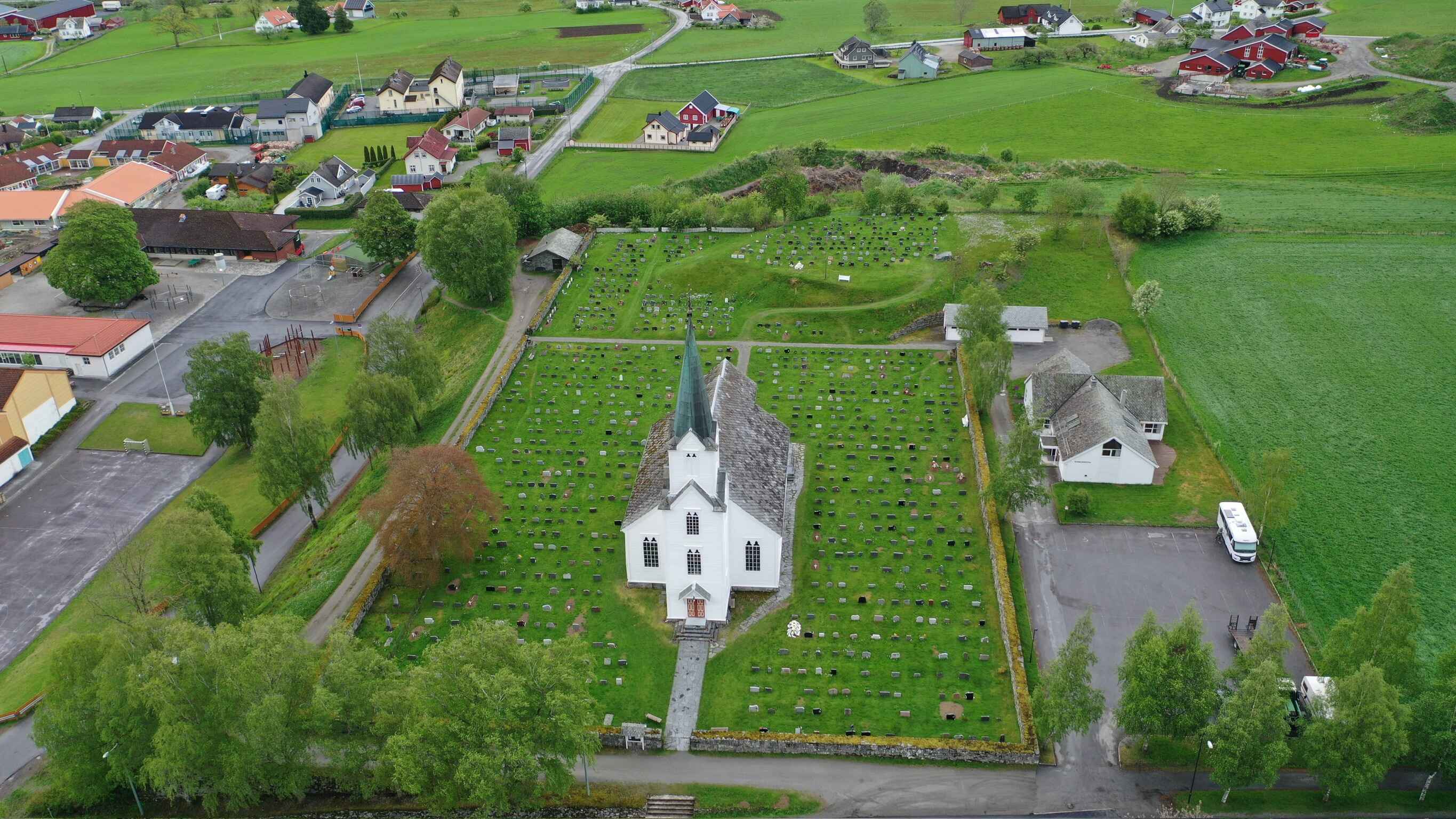 An aerial view of Vik Church.
