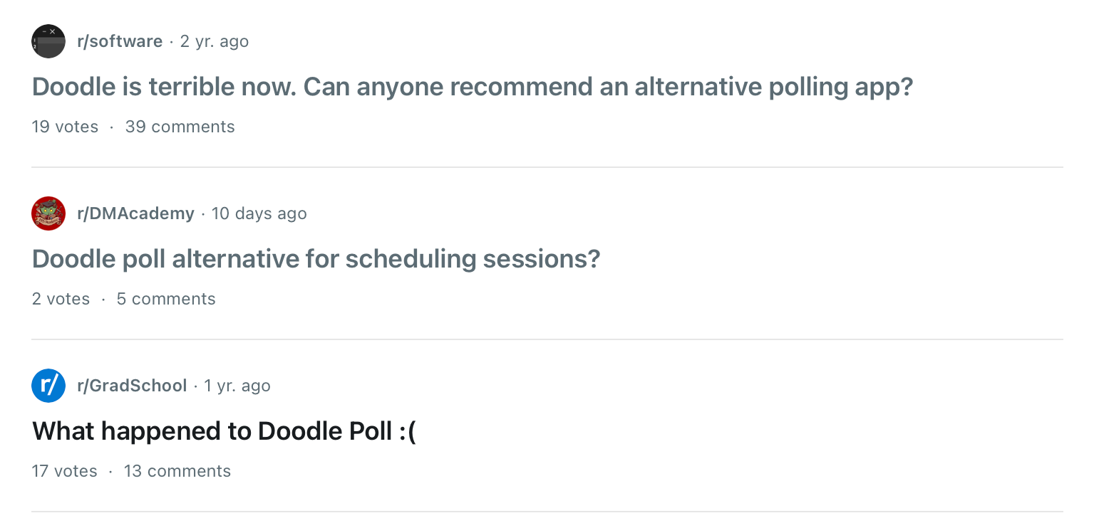 Capture d'écran de topics Reddit sur Doodle