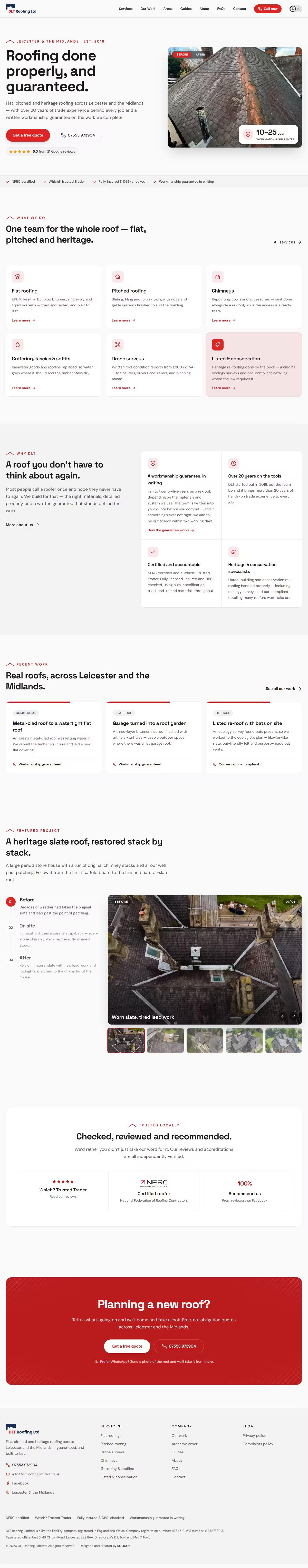 DLT Roofing Limited homepage, full page