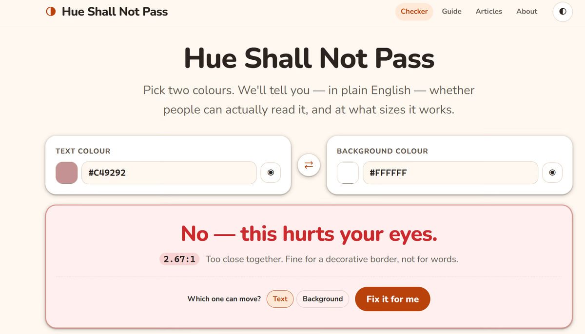 The Hue Shall Not Pass contrast checker judging a colour pair