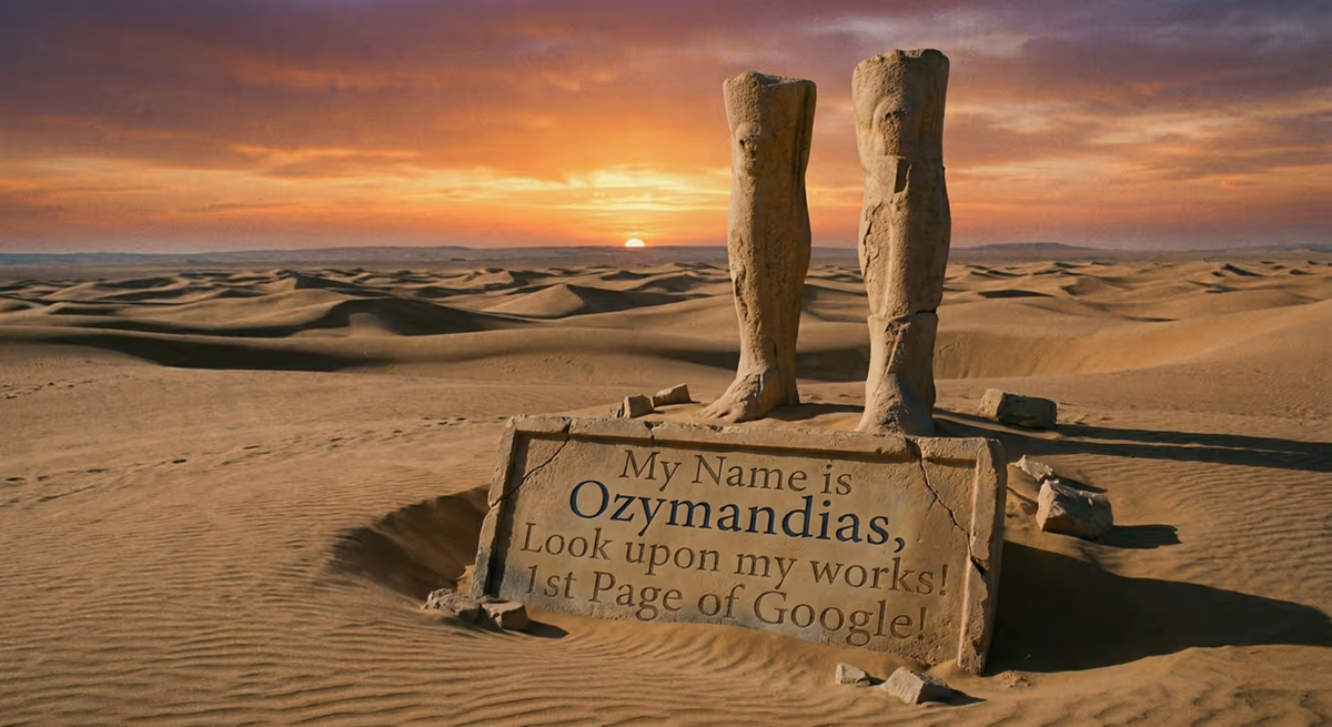 A crumbling classical statue in the desert