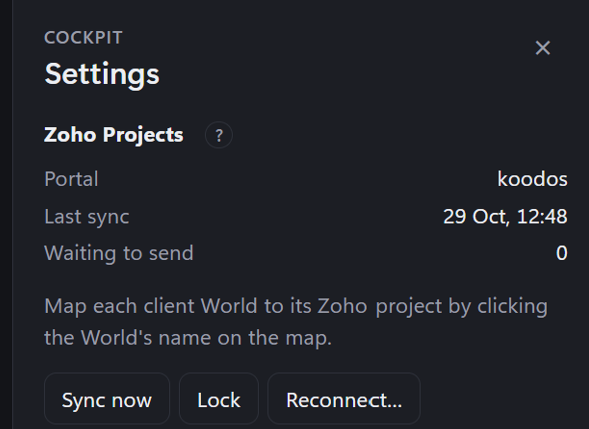 The Cockpit's Zoho Projects settings, showing the last sync time and nothing waiting to send.