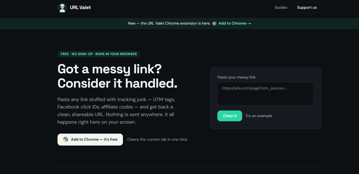 The URL Valet web app cleaning a link