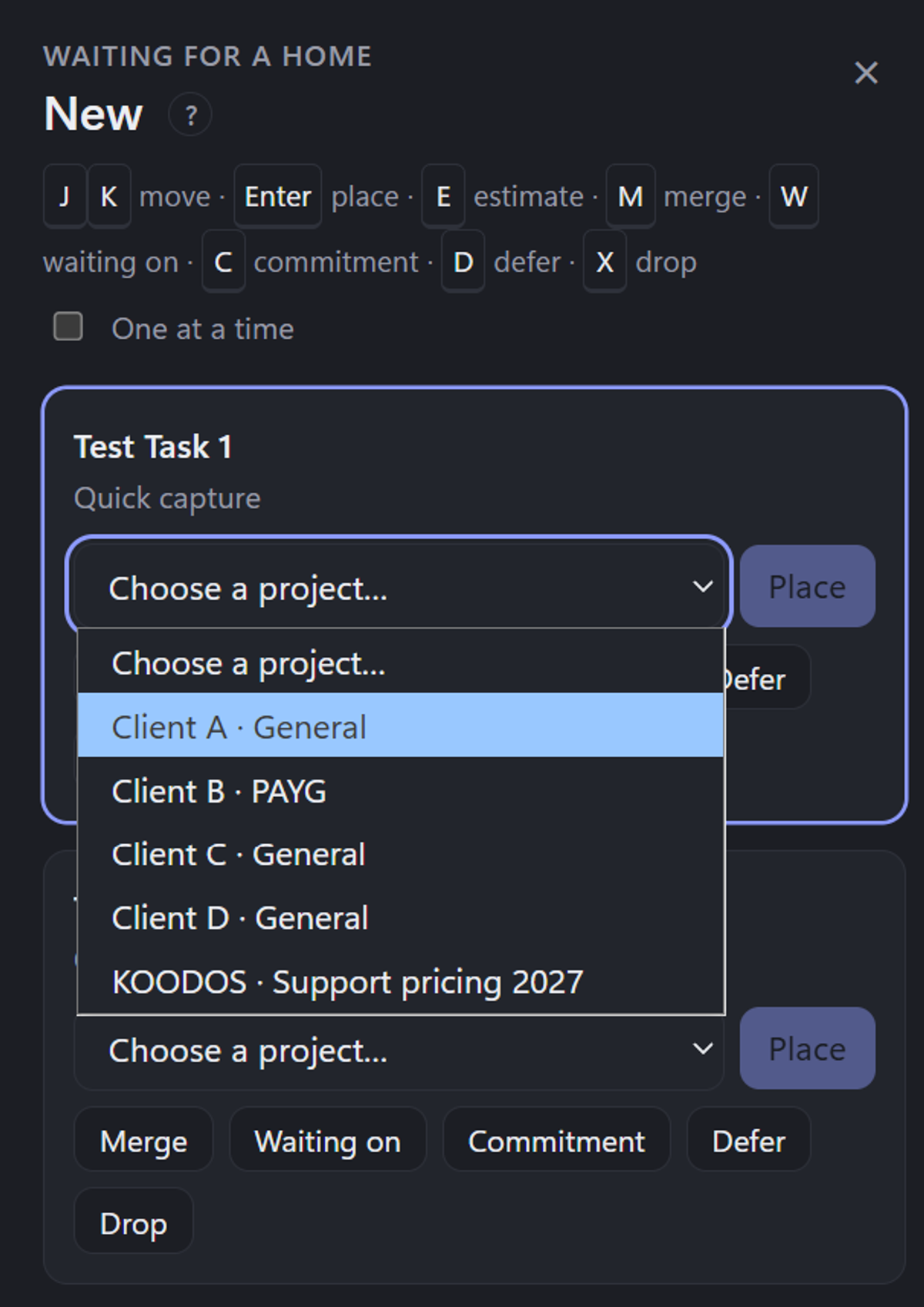 An incoming ask in the Cockpit's inbox, with a menu for placing it into a client's workstream and options to merge, mark as waiting, defer or drop it.
