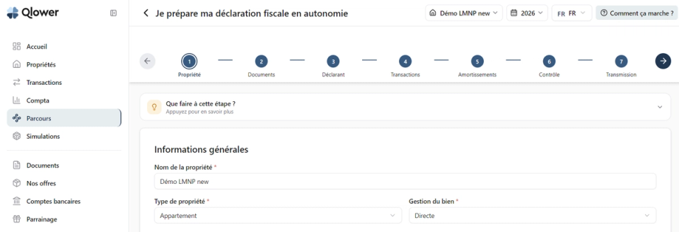 Parcours de déclaration Qlower en sept étapes : propriété, documents, déclarant, transactions, amortissements, contrôle, transmission ; formulaire d’informations générales du bien.