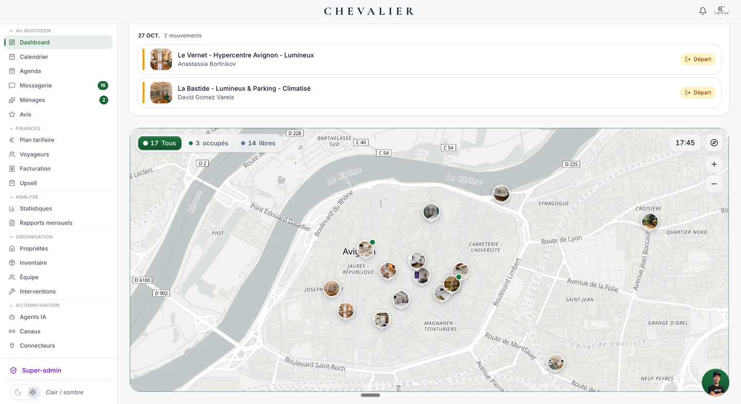 Tableau de bord de Chevalier PMS : départs du jour et carte des logements à Avignon