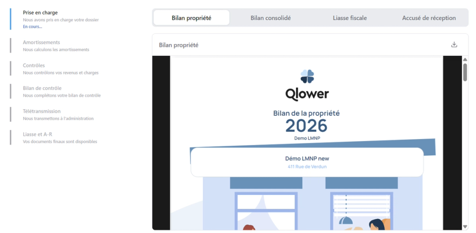 Suivi de dossier Qlower : étapes de prise en charge à liasse et accusé de réception, aperçu du bilan de la propriété 2026.