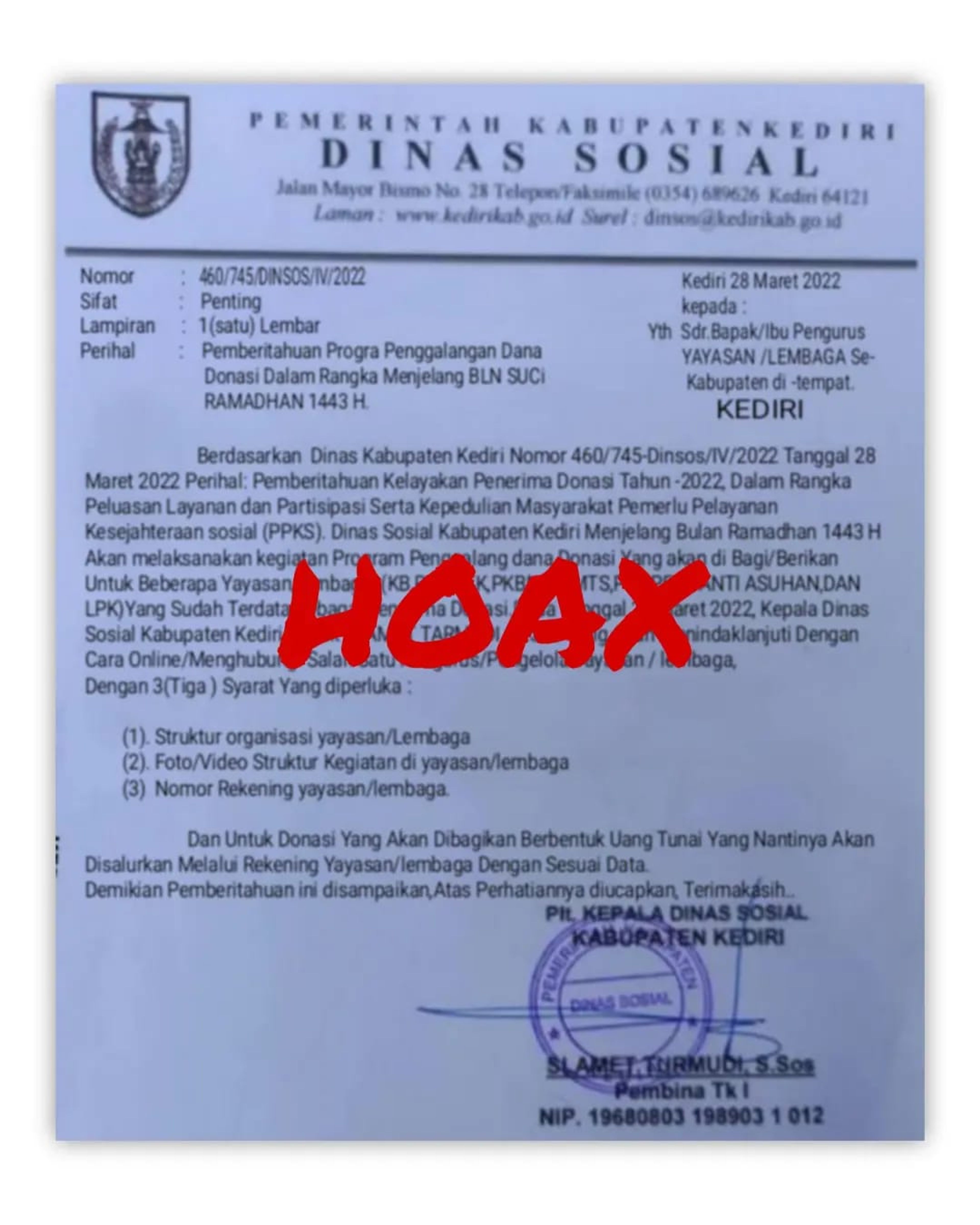 [ HOAKS ] Beredar Surat Kadinsos Kediri Kepada Pengurus Yayasan/Lembaga Se — Kabupaten Kediri