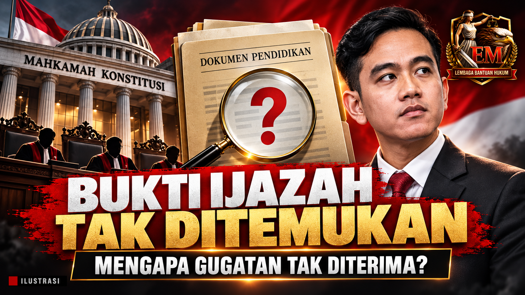 Ilustrasi Gibran Rakabuming Raka, gedung Mahkamah Konstitusi, dan dokumen pendidikan dengan judul “Bukti Ijazah Tak Ditemukan, Mengapa Gugatan Tak Diterima?” serta logo LBH Elang Maut Indonesia.