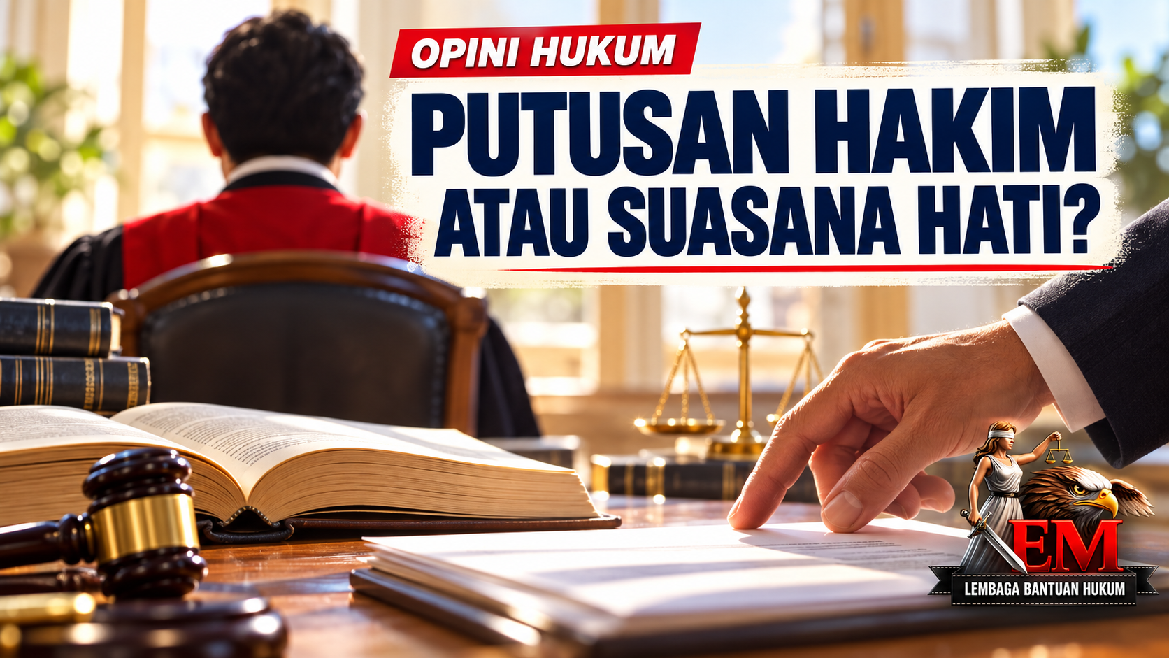 Ilustrasi hakim di ruang sidang dengan buku hukum, berkas perkara, timbangan keadilan, judul “Putusan Hakim atau Suasana Hati?”, dan logo EMI.