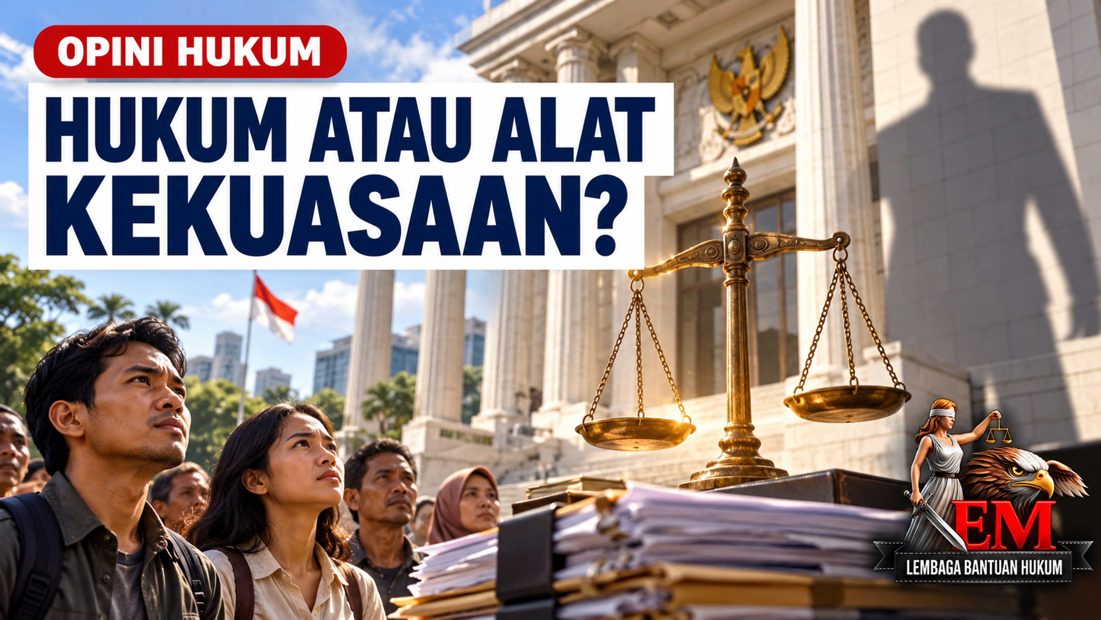 Warga di depan gedung pengadilan dan timbangan keadilan, dengan bayangan kekuasaan, judul “Hukum atau Alat Kekuasaan?”