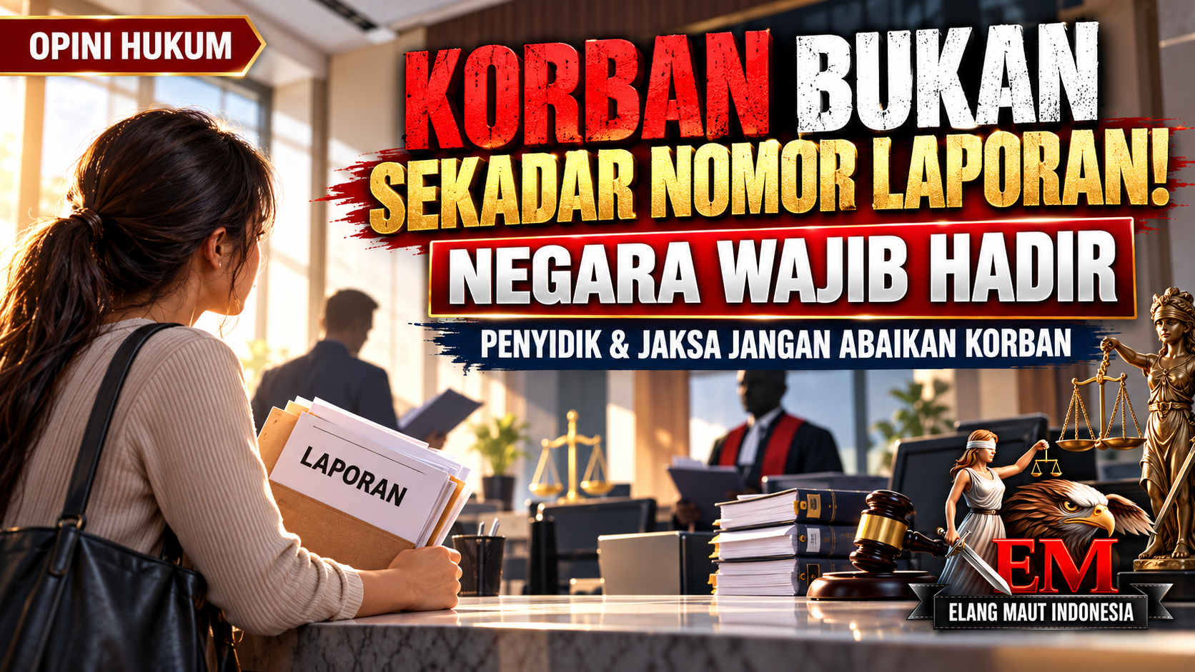 Ilustrasi korban membawa laporan perkara dengan pesan bahwa negara wajib hadir melalui penyidik dan jaksa yang profesional.