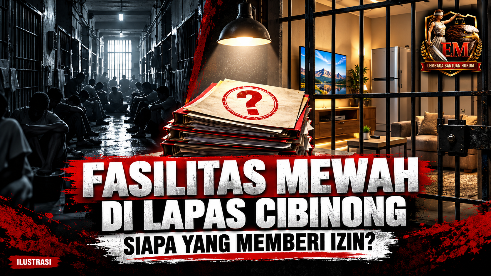Ilustrasi perbandingan lorong penjara dan ruang menyerupai apartemen di balik jeruji, dengan judul “Fasilitas Mewah di Lapas Cibinong: Siapa yang Memberi Izin?” serta logo LBH Elang Maut Indonesia.