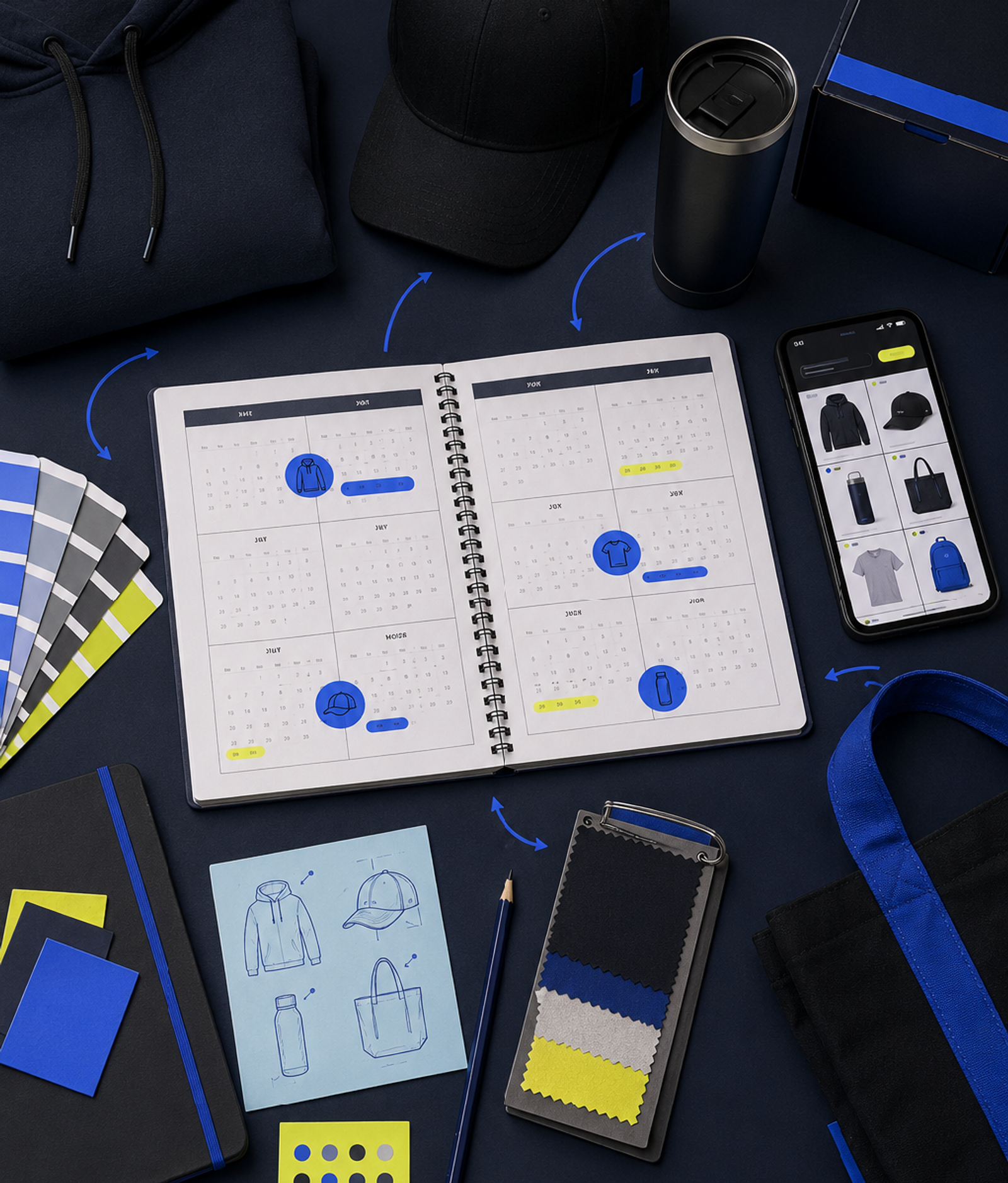 Merchandise planning workspace with apparel samples, color swatches, and branded products.