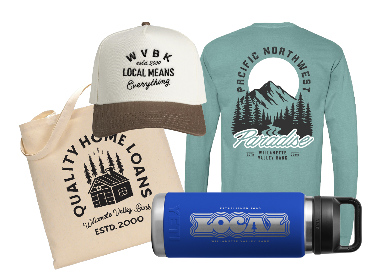 Branded apparel and merchandise created for Willamette Valley Bank