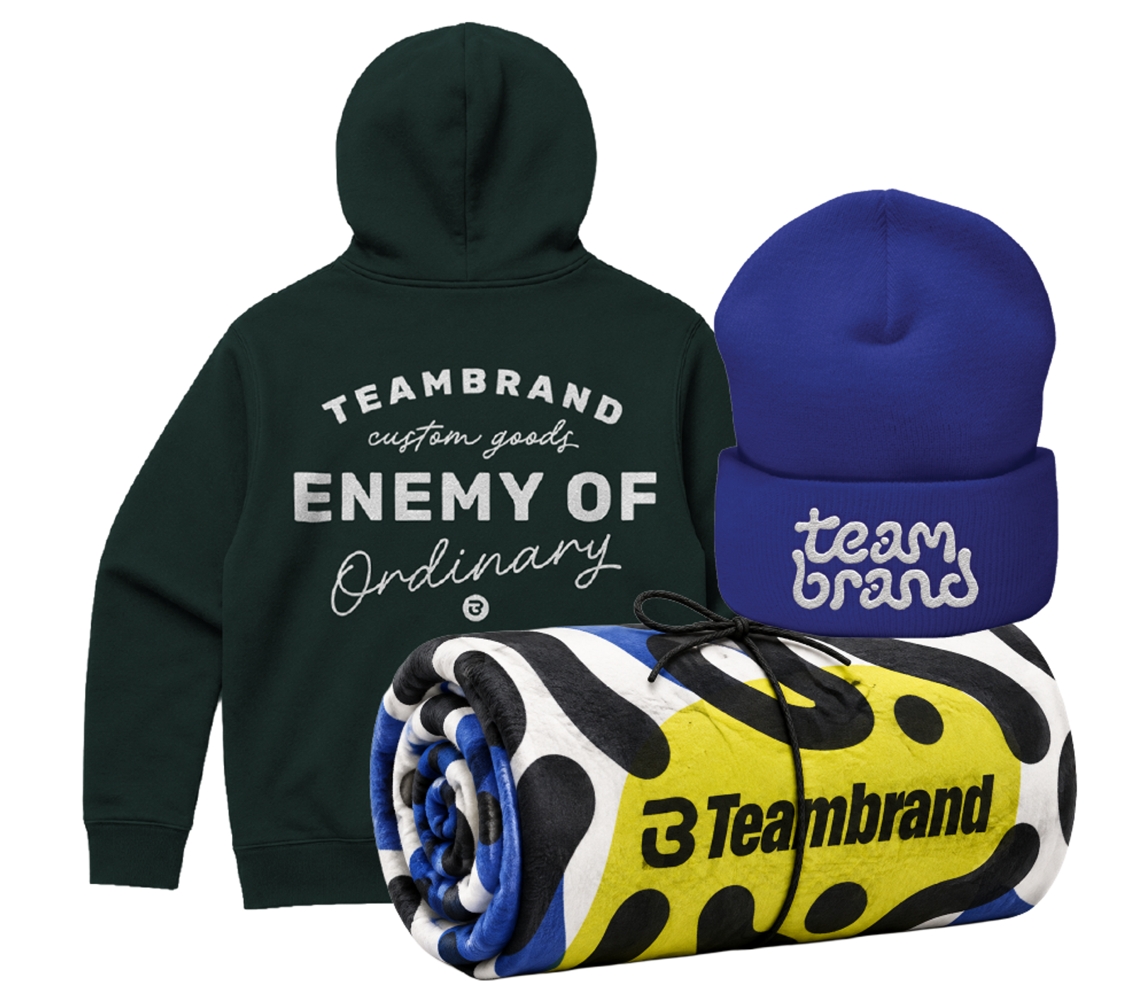 TeamBrand branded hoodie, beanie, and rolled blanket arranged together as a gear drop package.