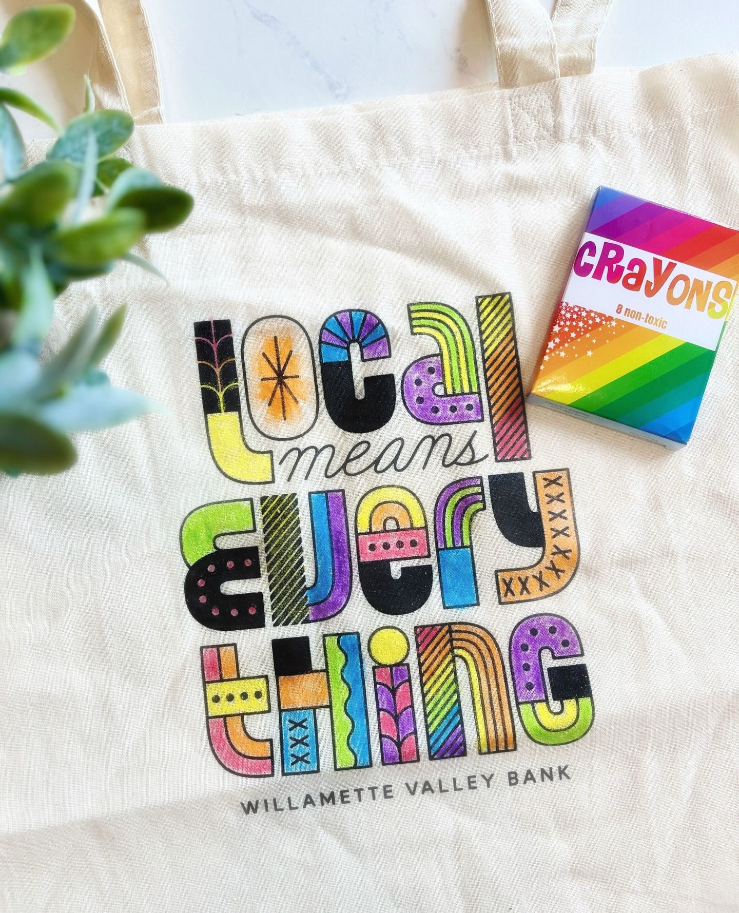 "Local Means Everything" coloring tote bag.