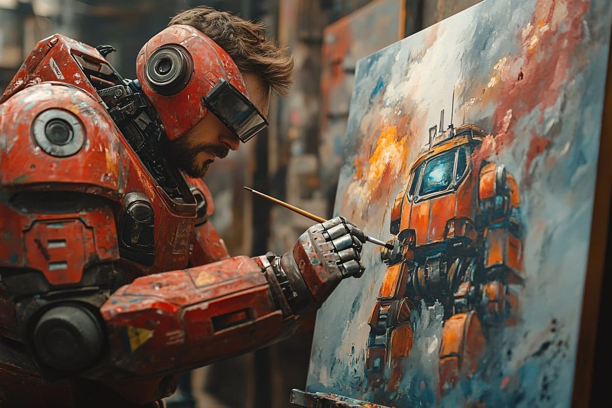 AI generated image of a superhero painting himself