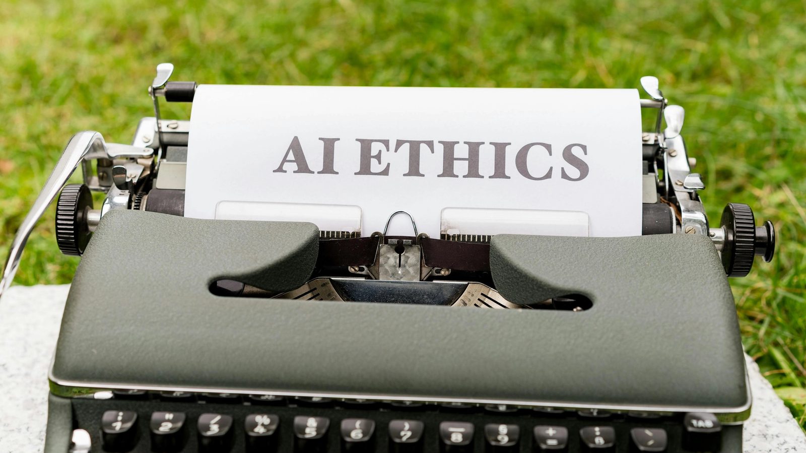 Main Image: A typewriter written 'AI Ethics' on it.