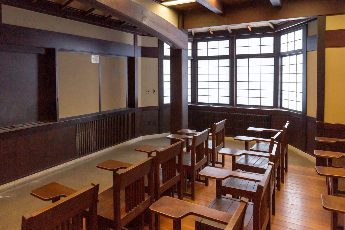 A Japanese classroom with empty seats.