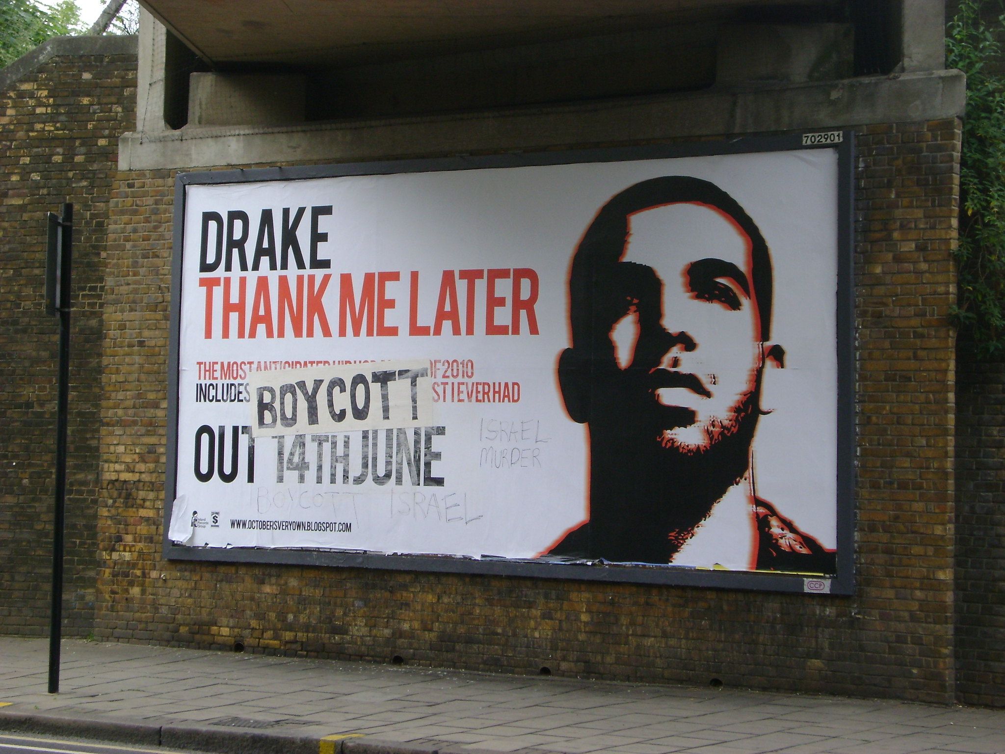 Poster of Drake's Thank Me Later album cover with 'Boycott' sprayed on it.