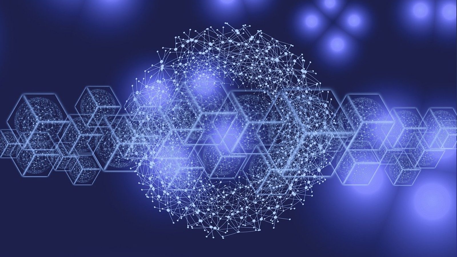 Main Image: Digitized rendering of a Blockchain network