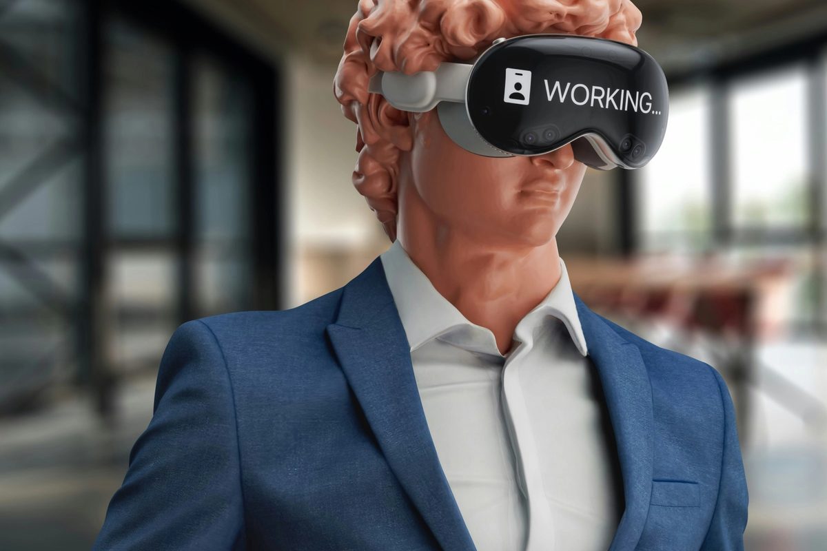 Michelangelo's David with Apple Vision Pro headset in a working mode wearing casual suit