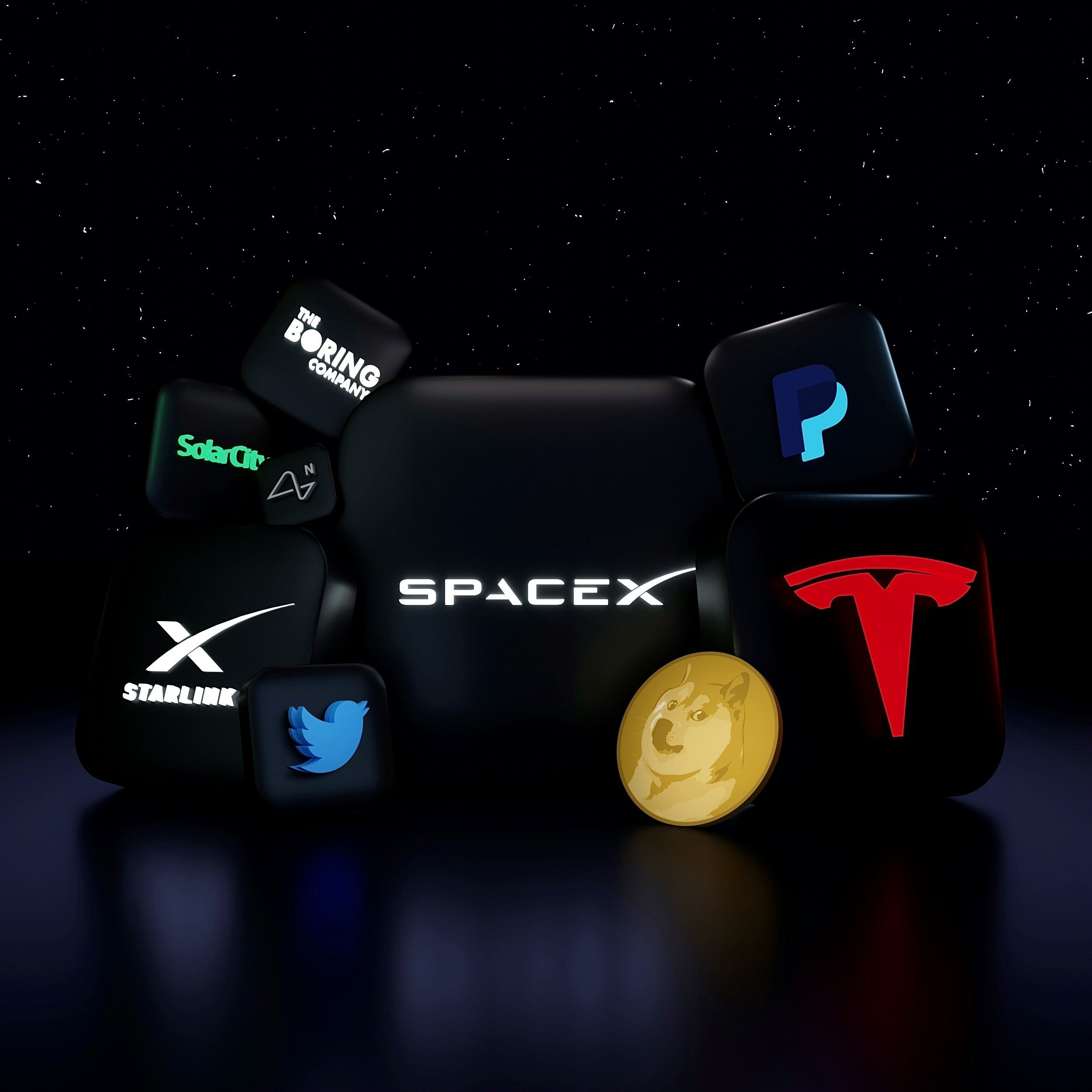 A collection of 3D Rendered icons of Elon Musk's companies