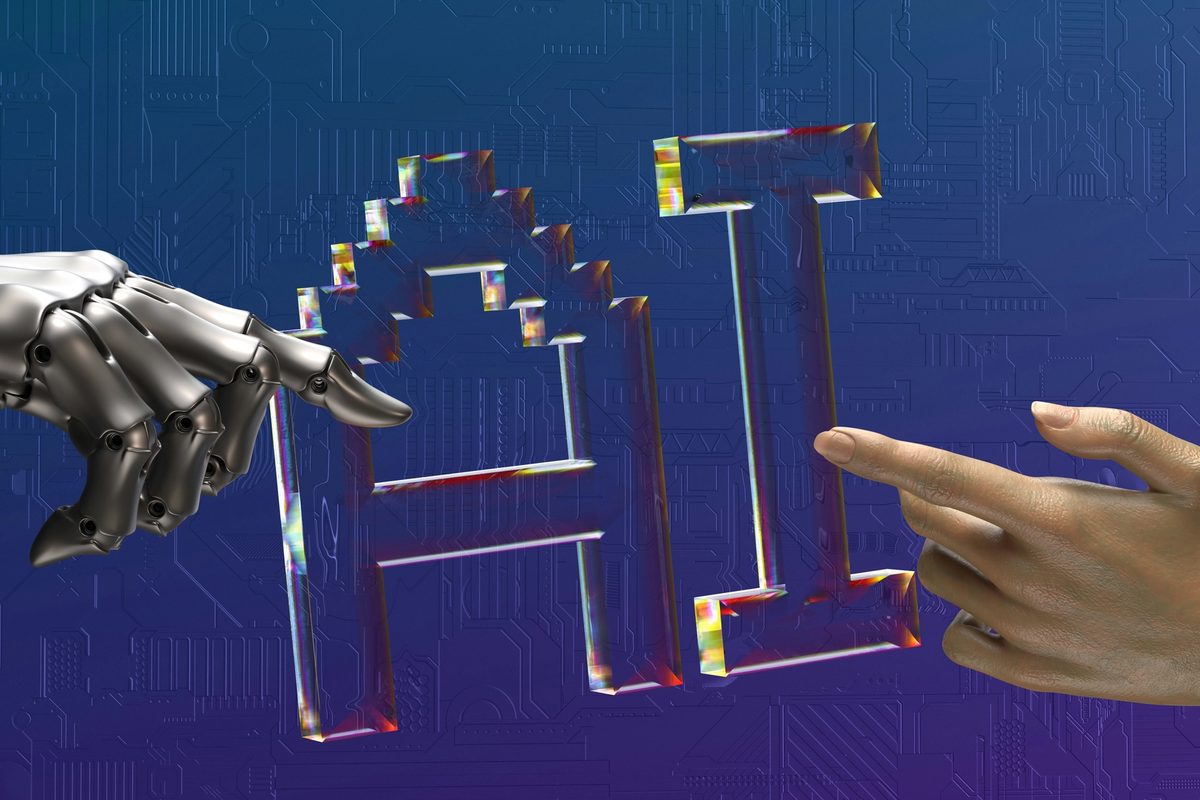 Depiction of human and artificial intelligence getting closer.