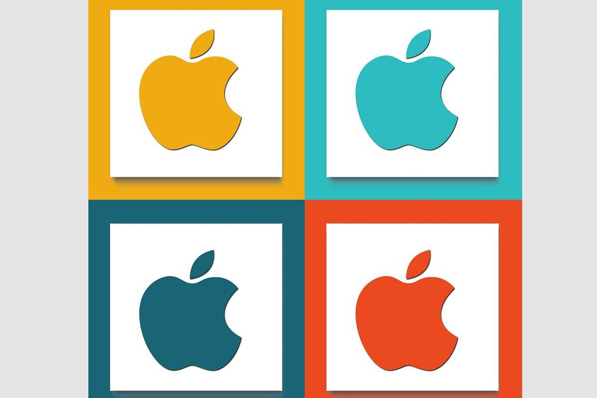Four different colored Apple logos set in a mosaic.