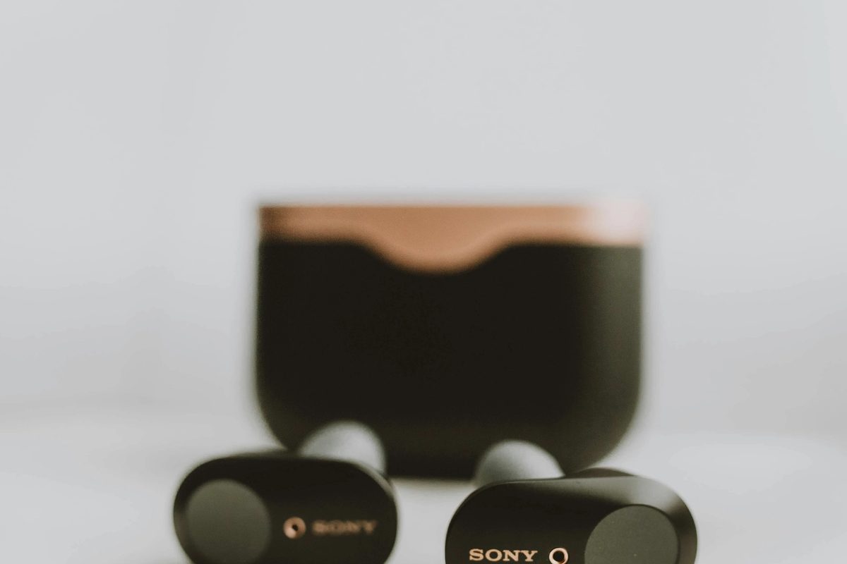 Black and brown Sony earbuds